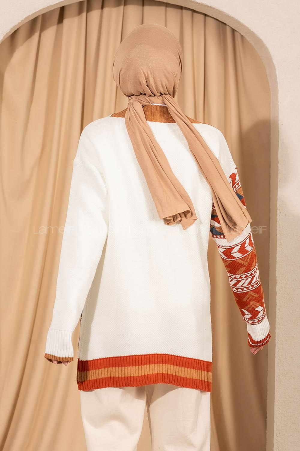 Modalamelif V Yaka Önü Düğmeli Renk Garnili Etnik Desen Triko Hırka Ekru