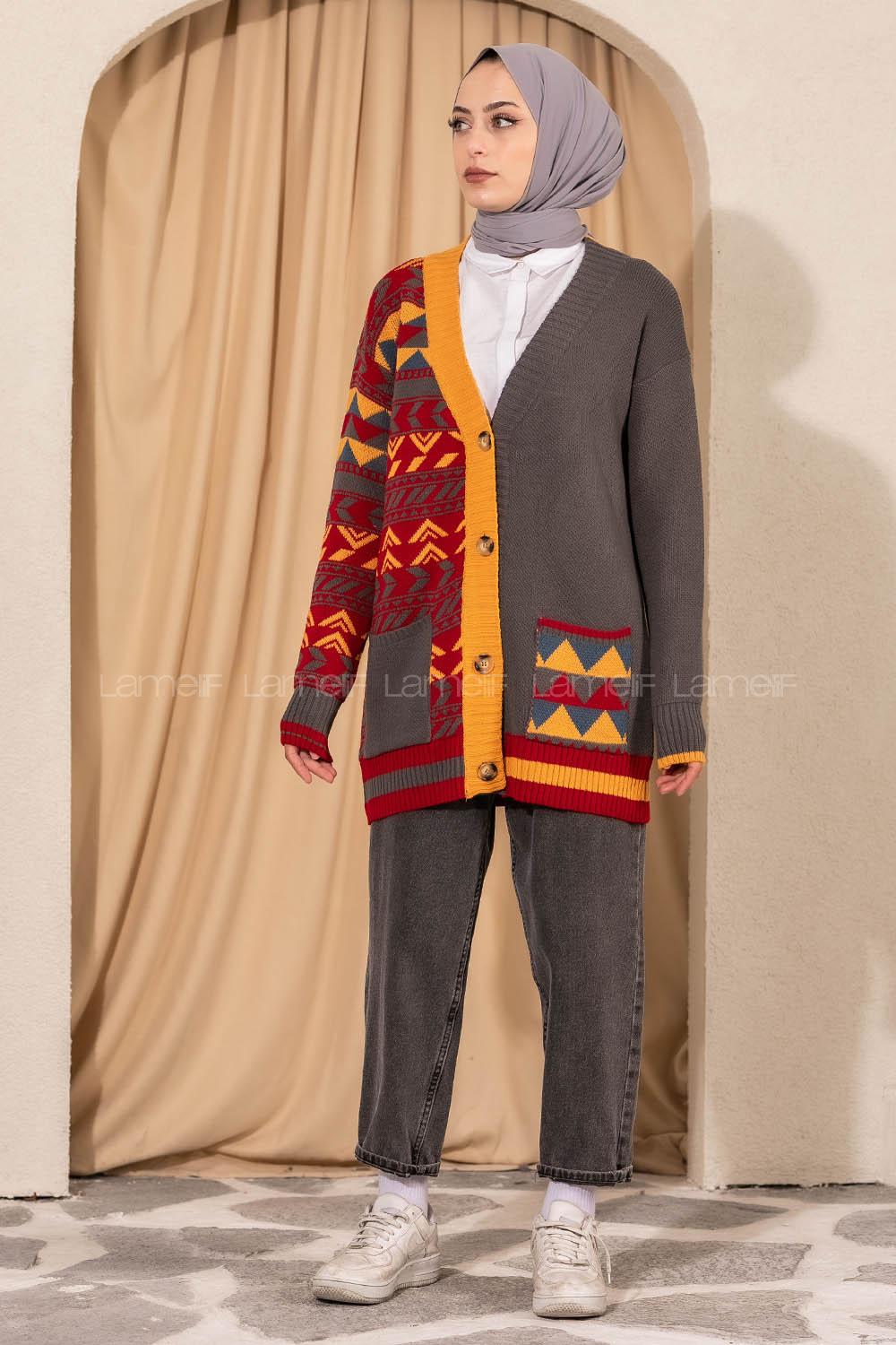 Modalamelif V Yaka Önü Düğmeli Renk Garnili Etnik Desen Triko Hırka Füme