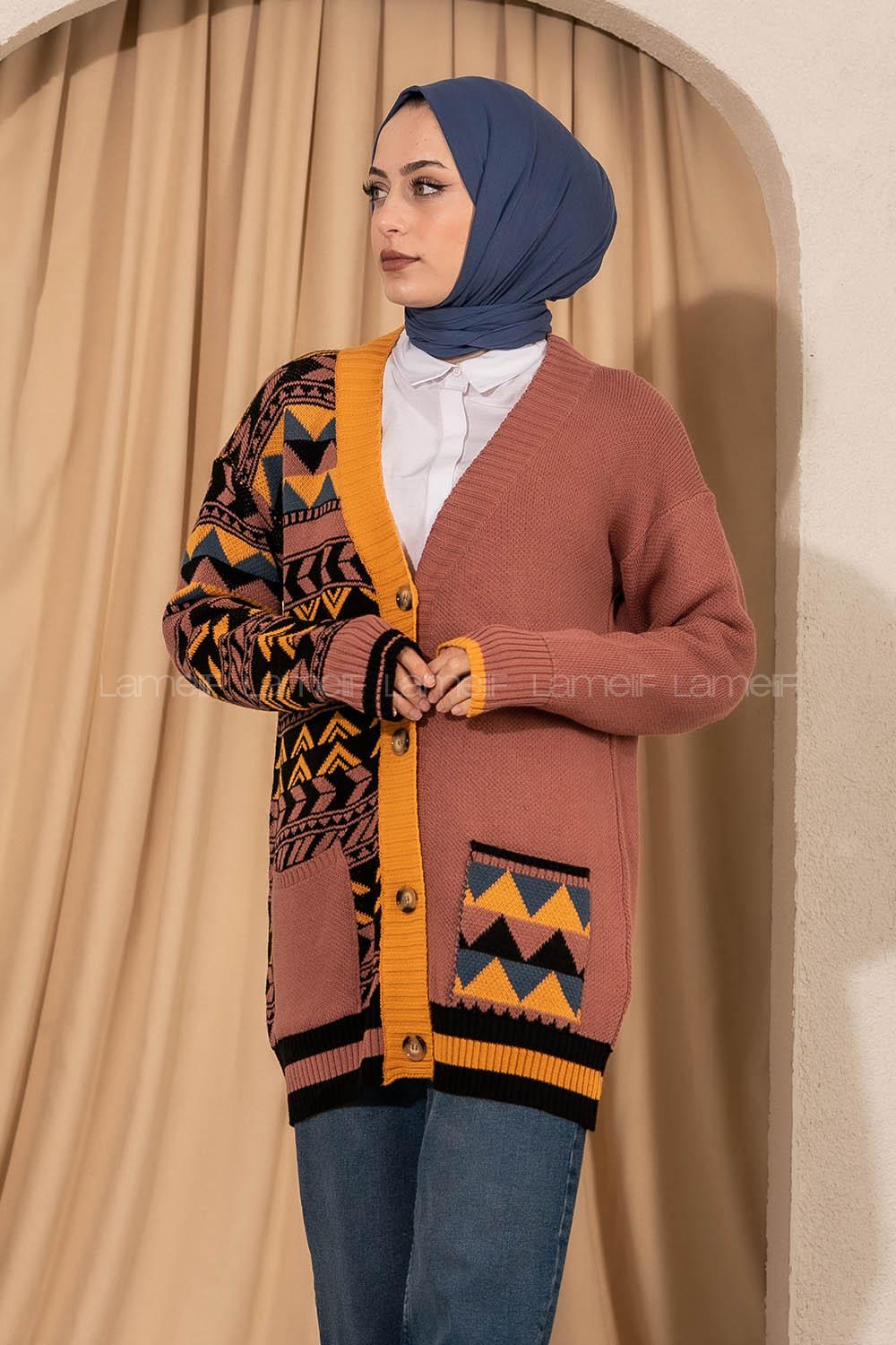 Modalamelif V Yaka Önü Düğmeli Renk Garnili Etnik Desen Triko Hırka Gül