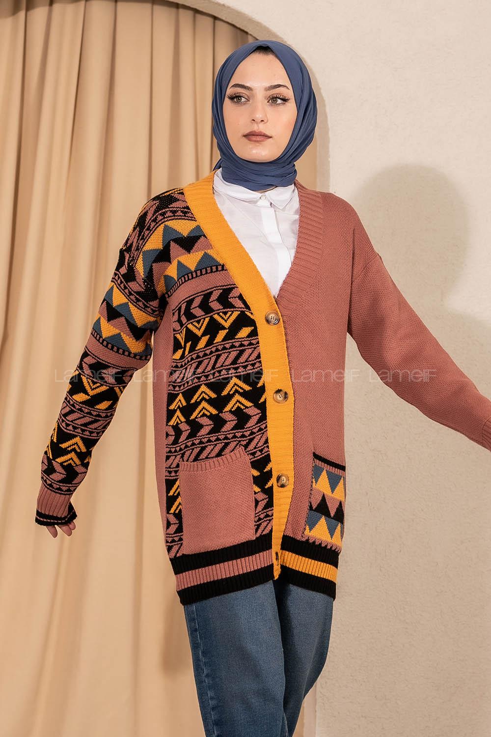 Modalamelif V Yaka Önü Düğmeli Renk Garnili Etnik Desen Triko Hırka Gül