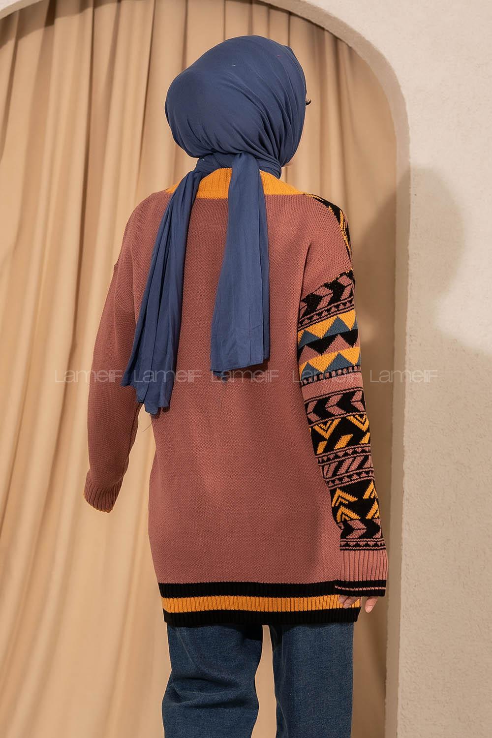 Modalamelif V Yaka Önü Düğmeli Renk Garnili Etnik Desen Triko Hırka Gül