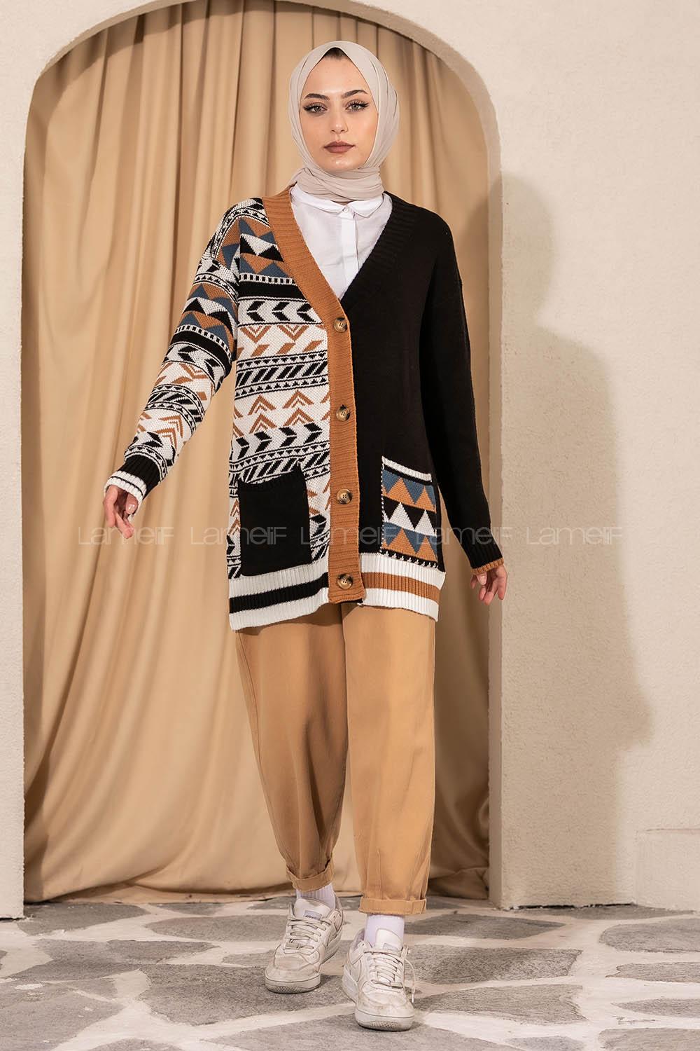 Modalamelif V Yaka Önü Düğmeli Renk Garnili Etnik Desen Triko Hırka Siyah