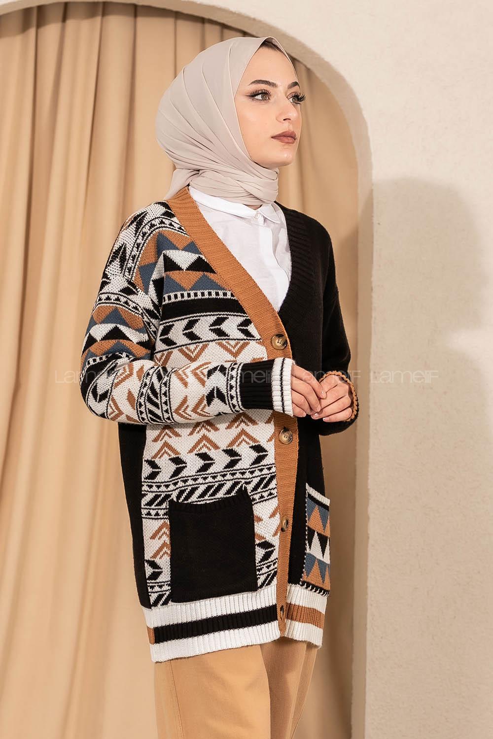 Modalamelif V Yaka Önü Düğmeli Renk Garnili Etnik Desen Triko Hırka Siyah