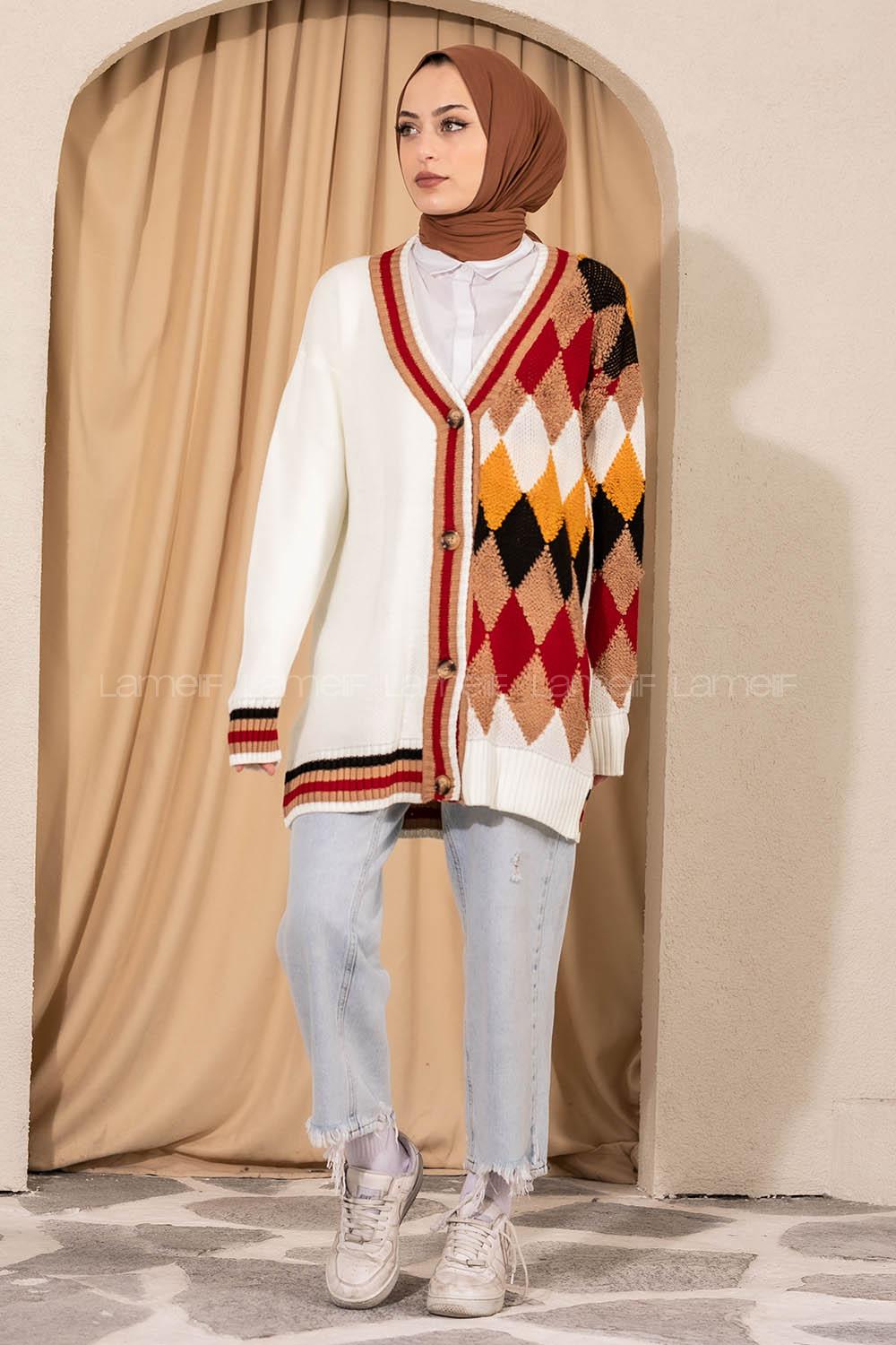 Modalamelif V Yaka Önü Düğmeli Renk Garnili Triko Hırka Ekru