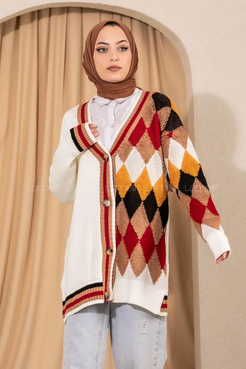 Modalamelif V Yaka Önü Düğmeli Renk Garnili Triko Hırka Ekru