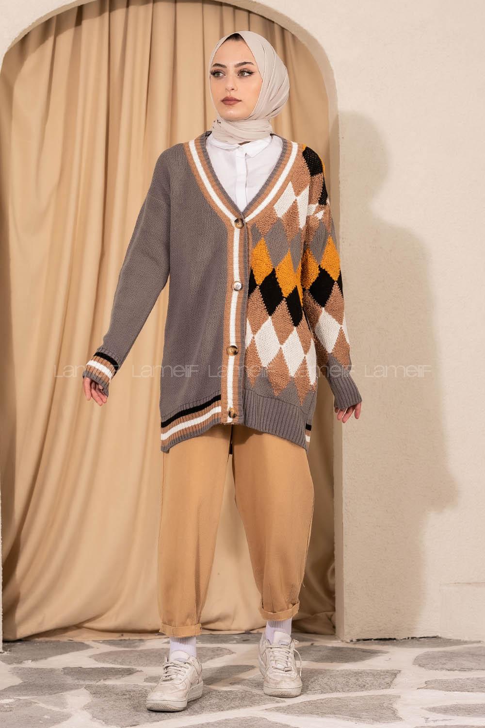 Modalamelif V Yaka Önü Düğmeli Renk Garnili Triko Hırka Gri