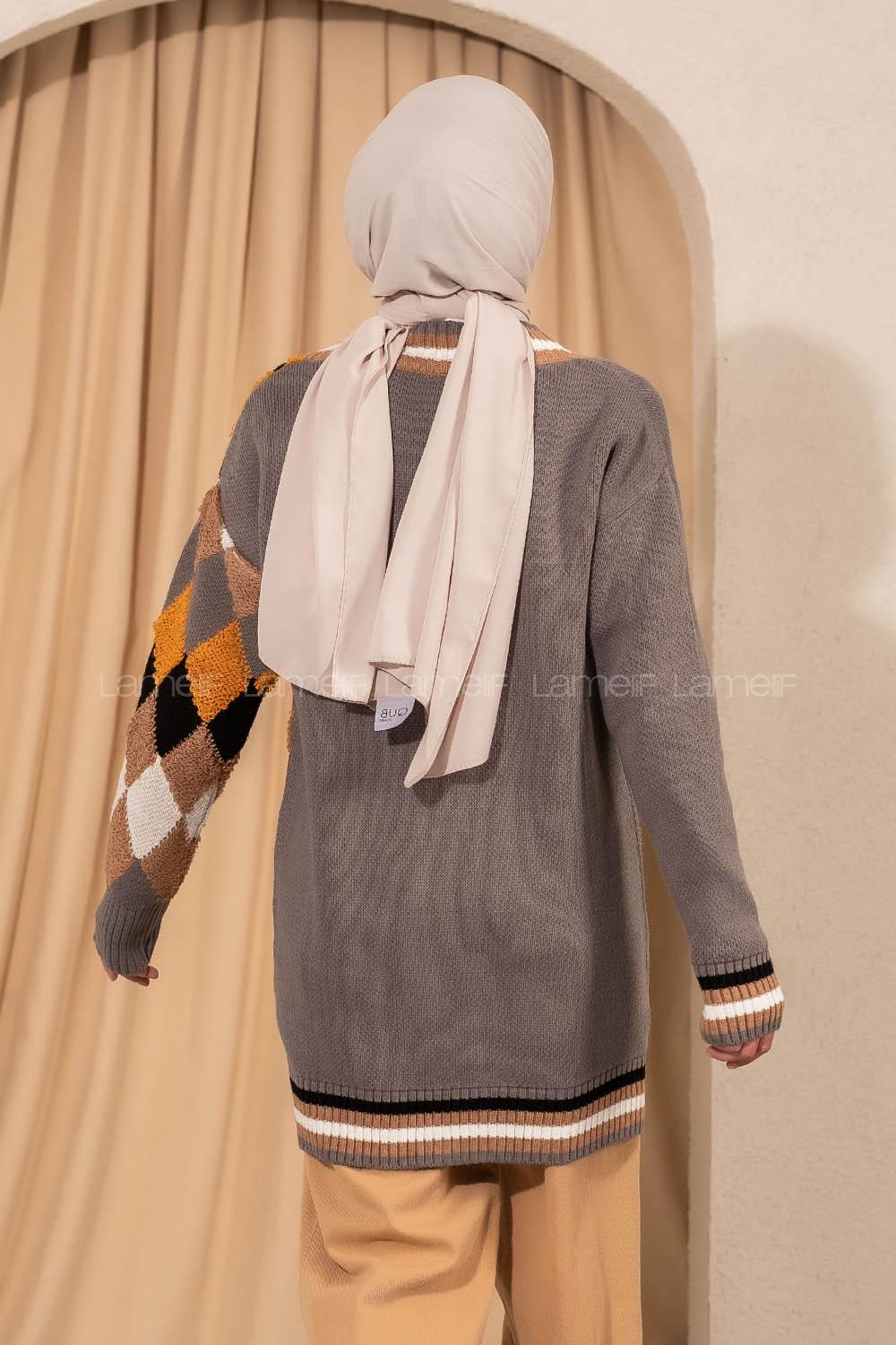 Modalamelif V Yaka Önü Düğmeli Renk Garnili Triko Hırka Gri