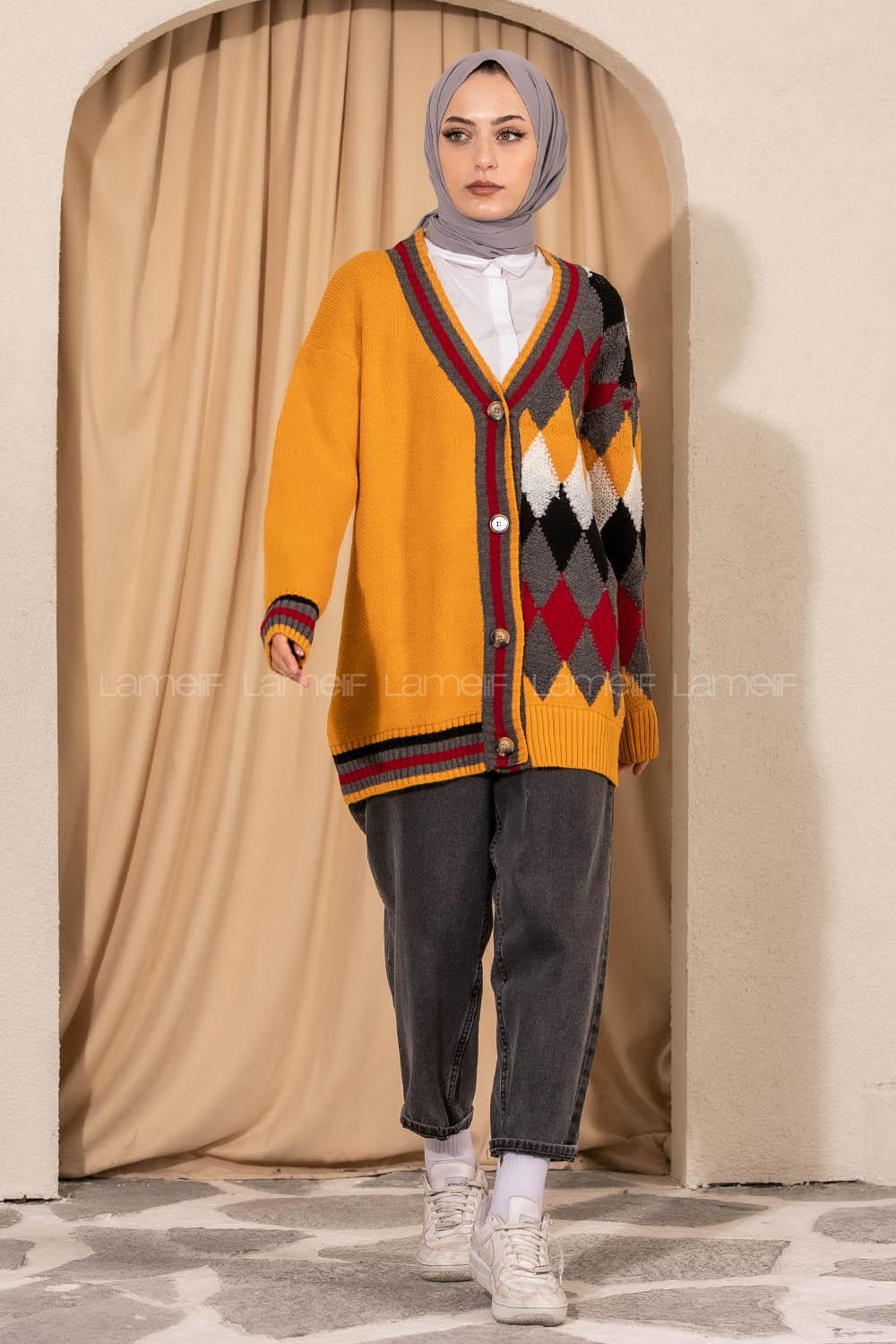 üğmeli Renk Garnili Triko Hırka Hardal