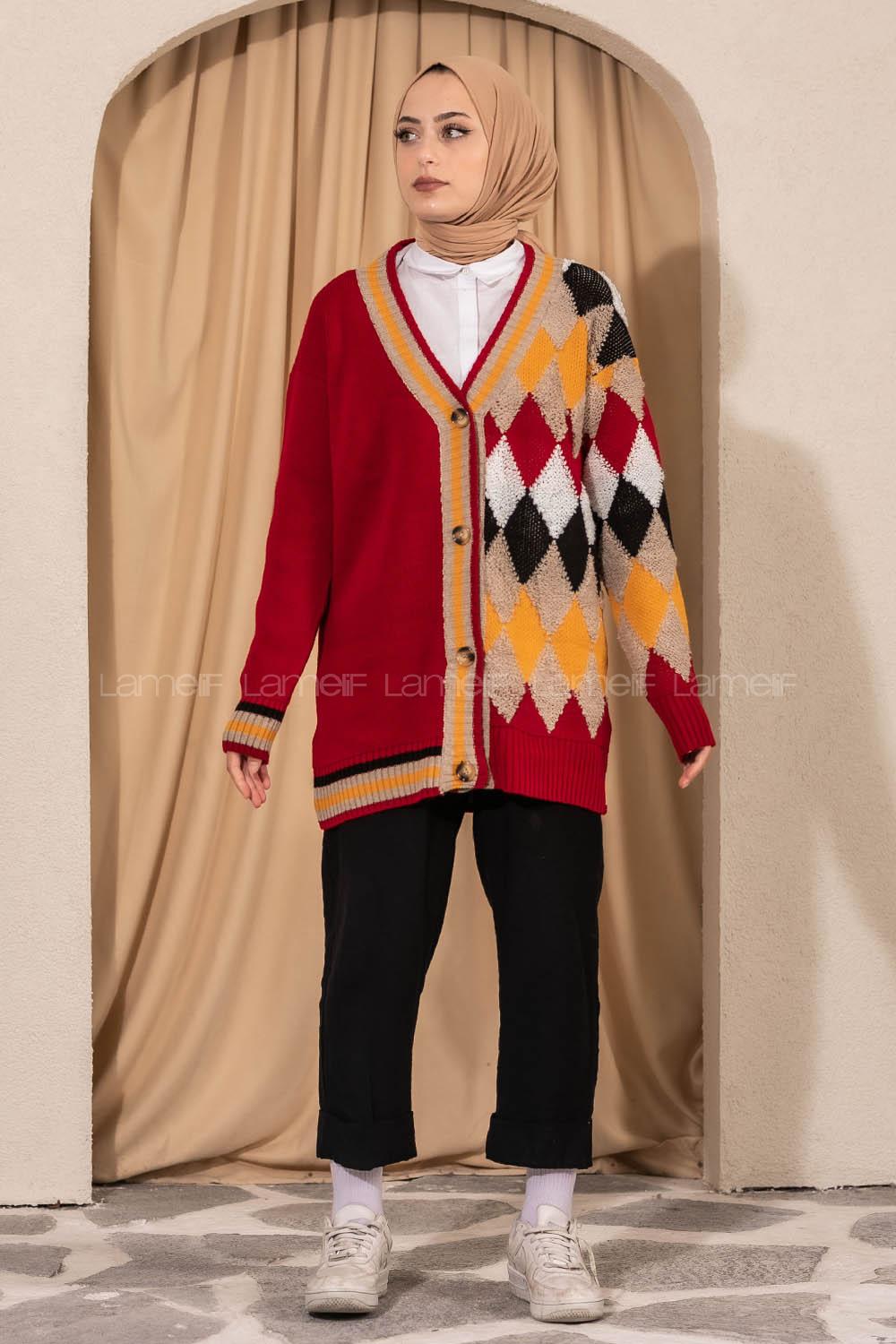 Modalamelif V Yaka Önü Düğmeli Renk Garnili Triko Hırka Kırmızı
