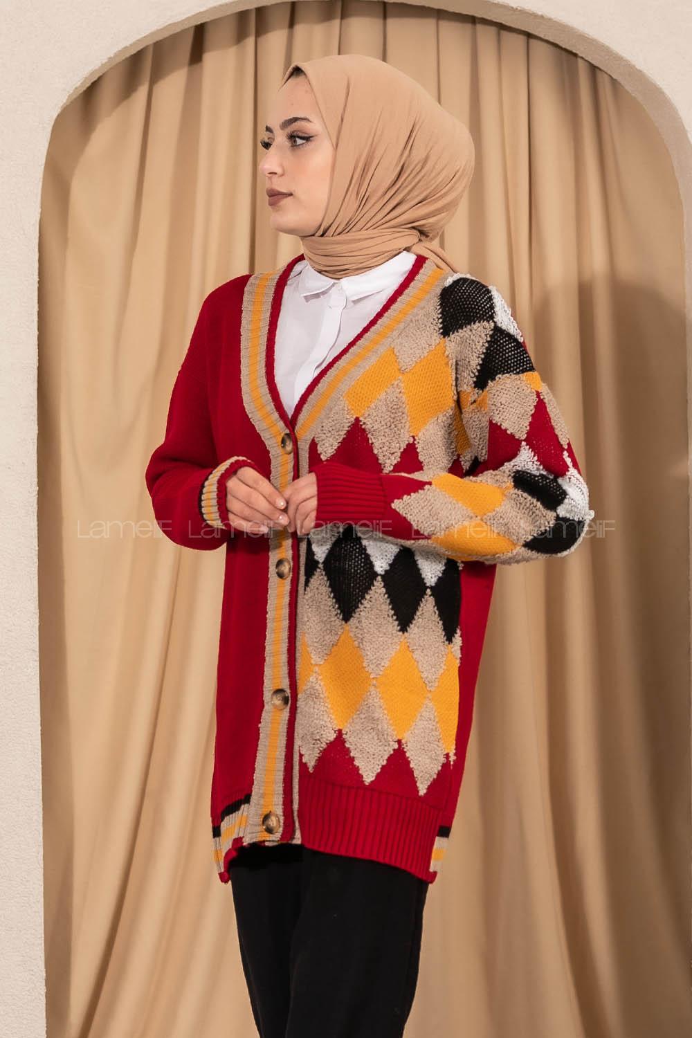 Modalamelif V Yaka Önü Düğmeli Renk Garnili Triko Hırka Kırmızı