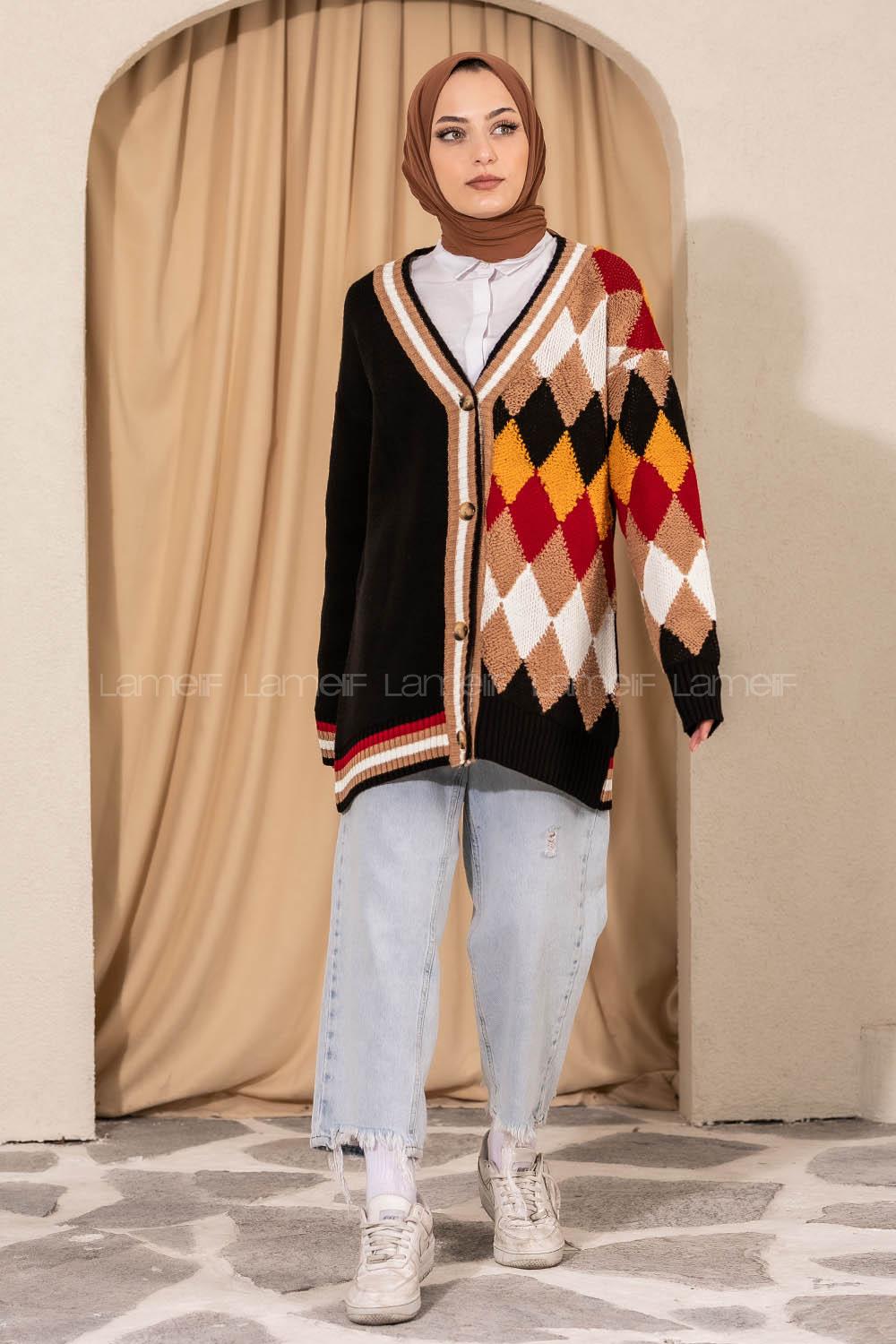 Modalamelif V Yaka Önü Düğmeli Renk Garnili Triko Hırka Siyah