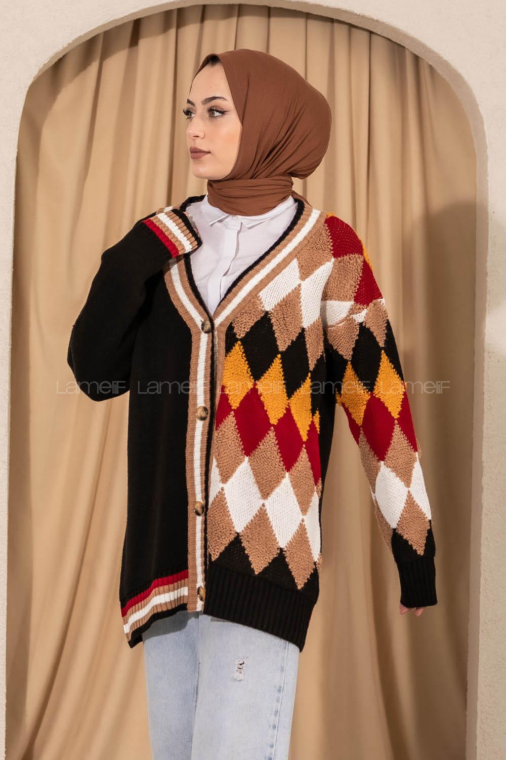 Modalamelif V Yaka Önü Düğmeli Renk Garnili Triko Hırka Siyah