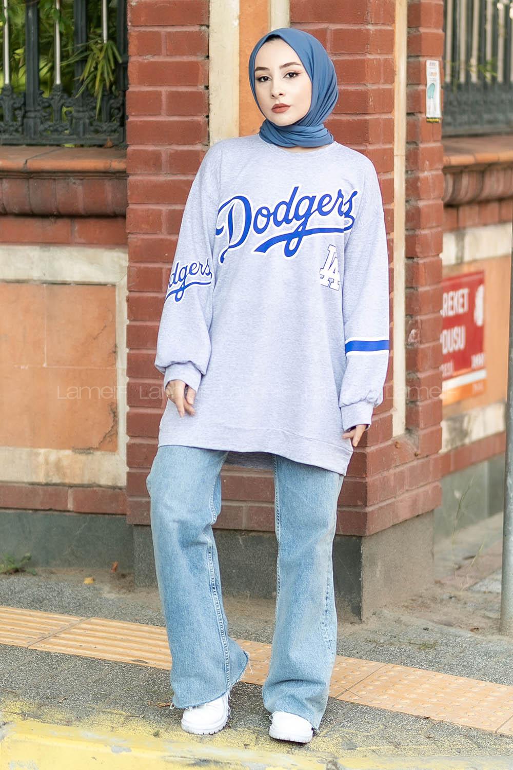 Modalamelif Bisiklet Yaka Dodgers Yazı Baskılı Tunik Gri