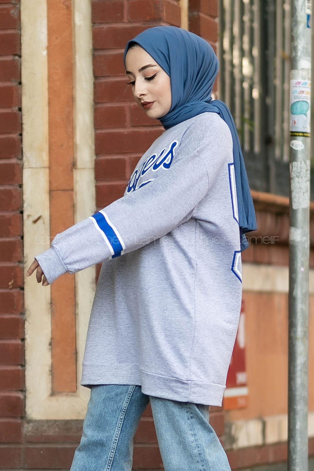 Modalamelif Bisiklet Yaka Dodgers Yazı Baskılı Tunik Gri