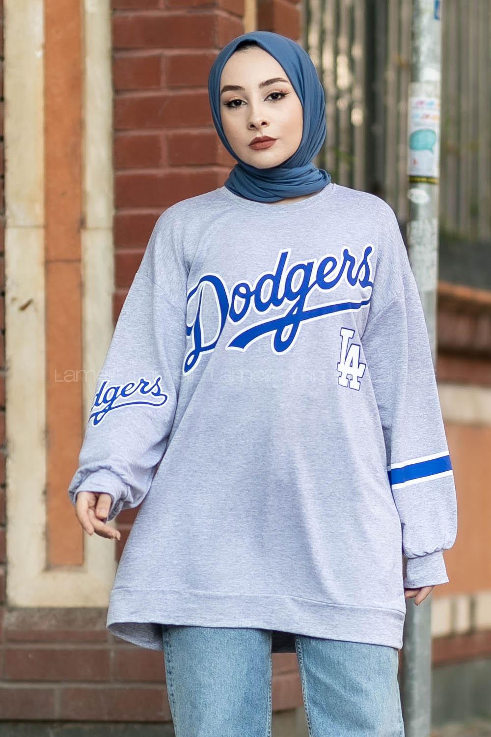 Modalamelif Bisiklet Yaka Dodgers Yazı Baskılı Tunik Gri