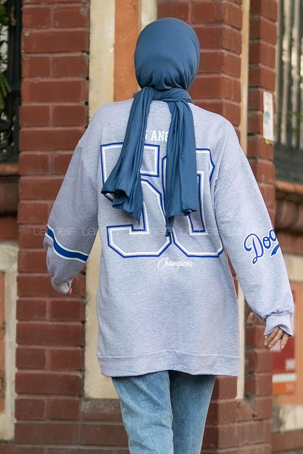 Modalamelif Bisiklet Yaka Dodgers Yazı Baskılı Tunik Gri