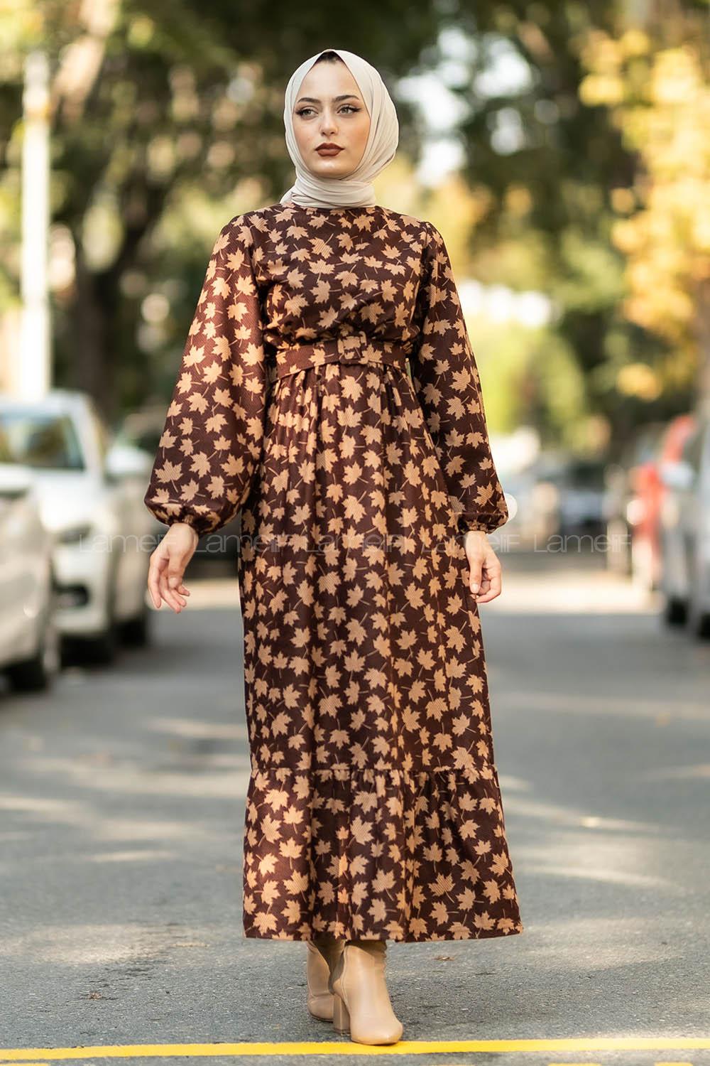 Modalamelif Bisiklet Yaka Yaprak Desenli Kemer Detaylı Süet Elbise Kahverengi
