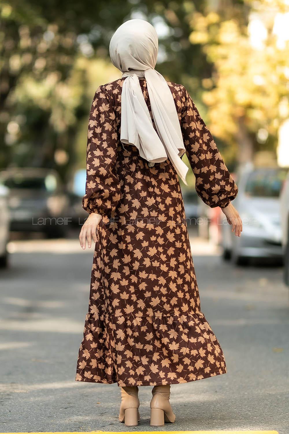 Modalamelif Bisiklet Yaka Yaprak Desenli Kemer Detaylı Süet Elbise Kahverengi