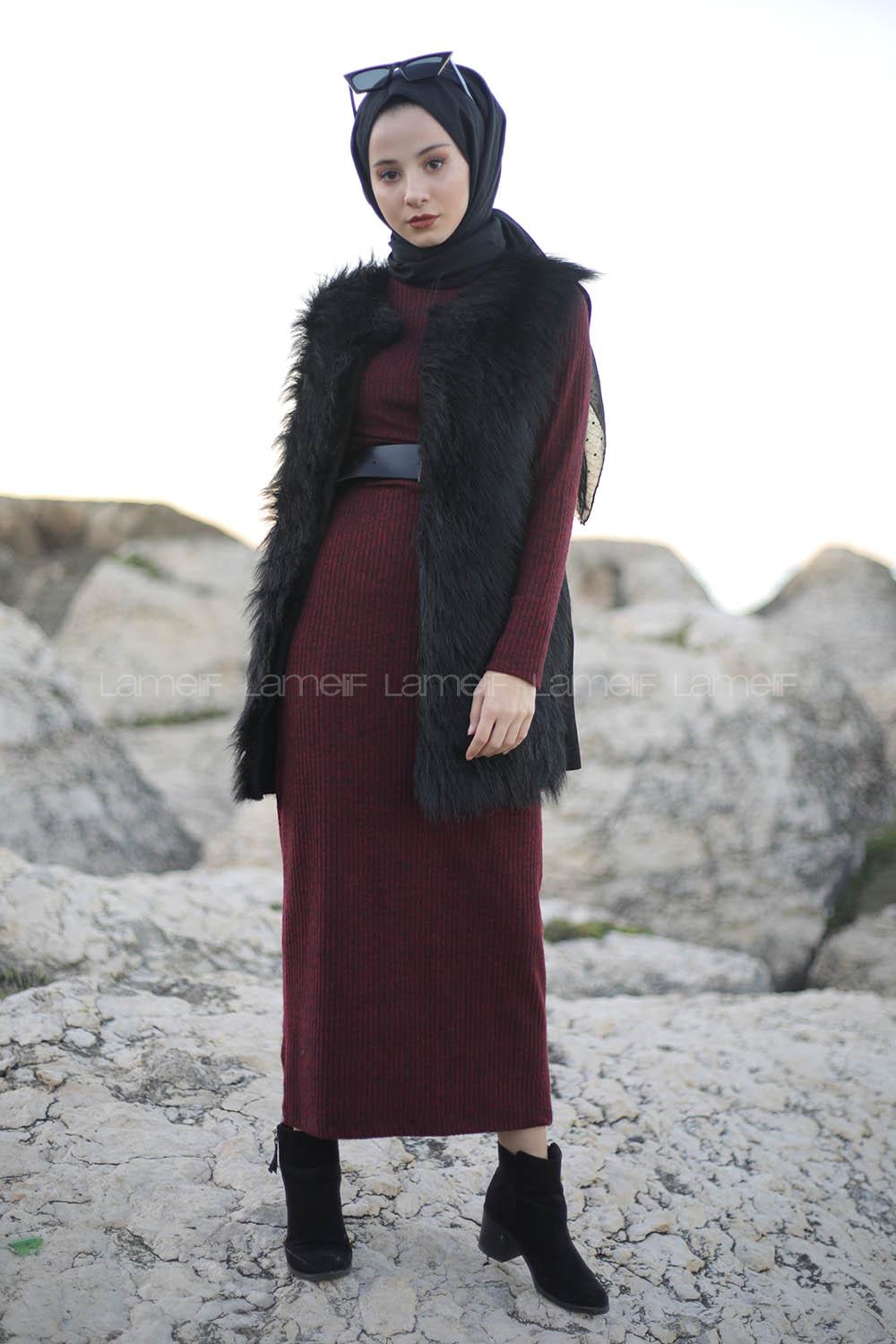 Modalamelif Bordo Fitilli Triko Elbise