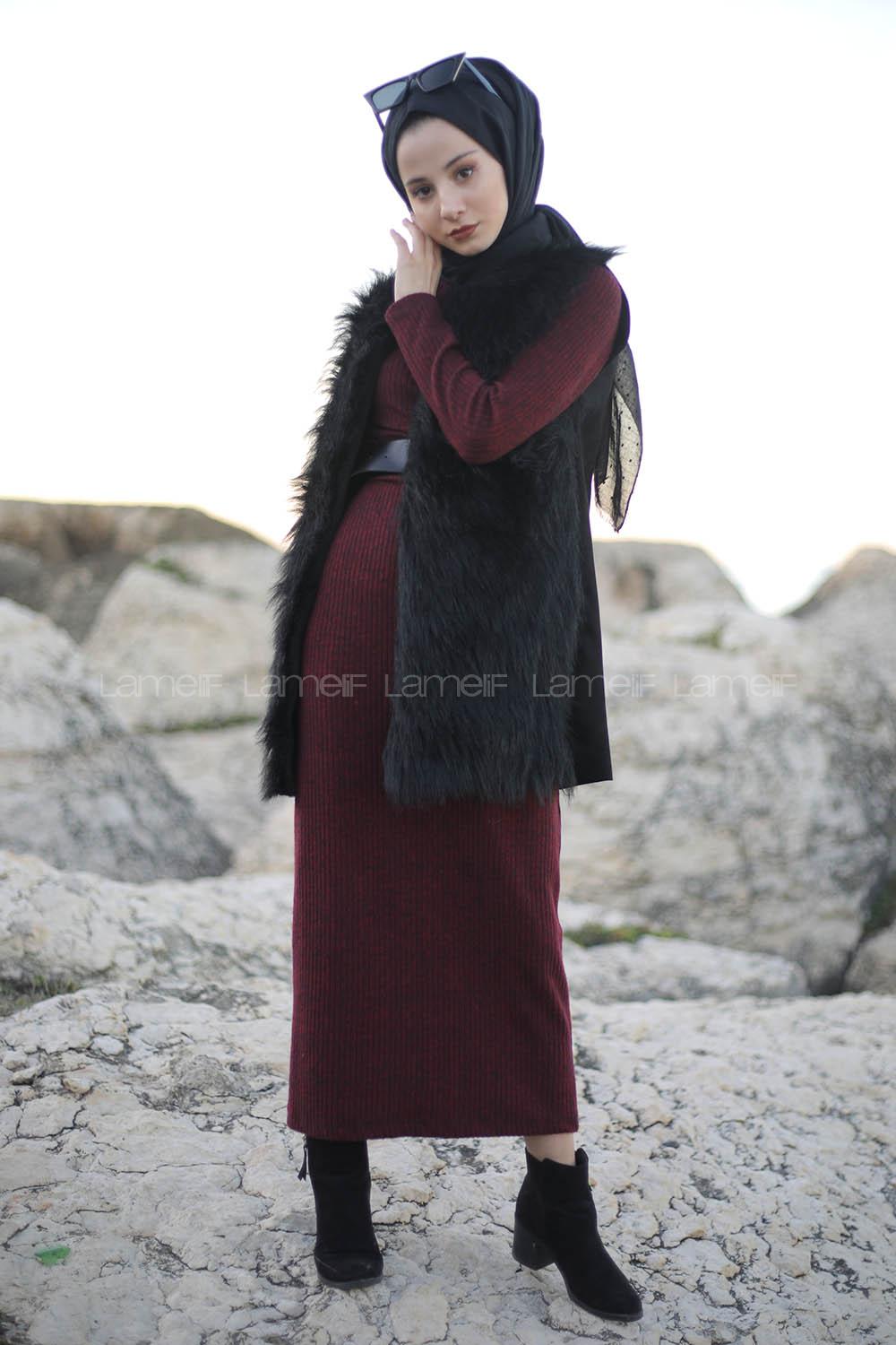 Modalamelif Bordo Fitilli Triko Elbise