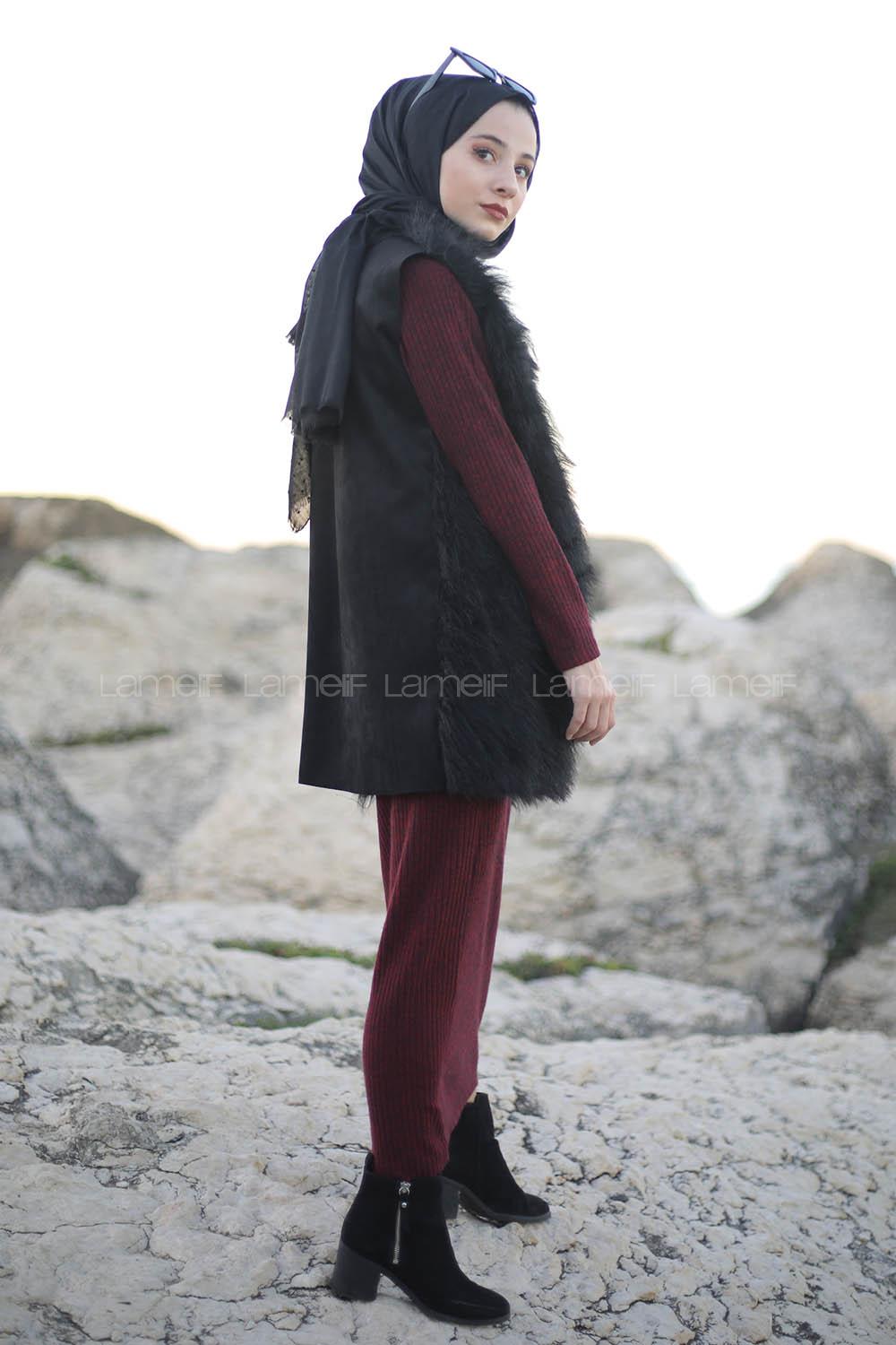 Modalamelif Bordo Fitilli Triko Elbise