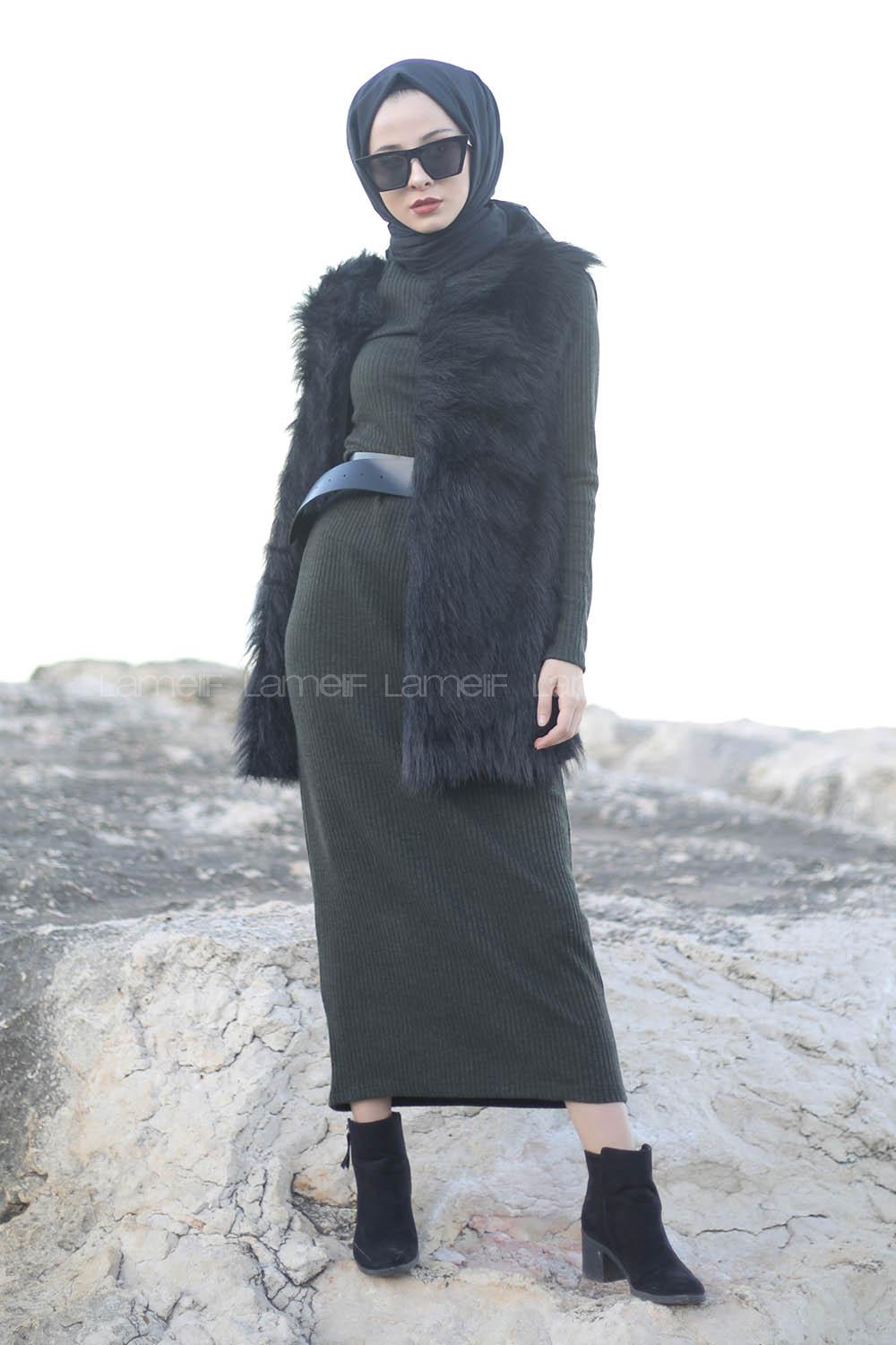 Modalamelif Haki Fitilli Triko Elbise