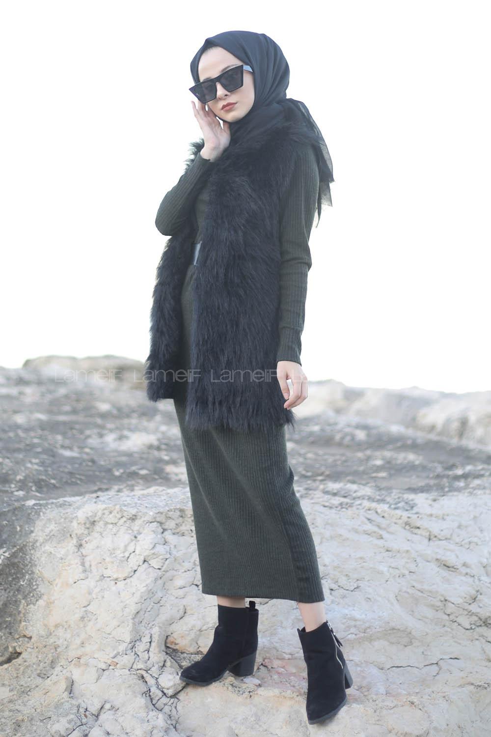 Modalamelif Haki Fitilli Triko Elbise