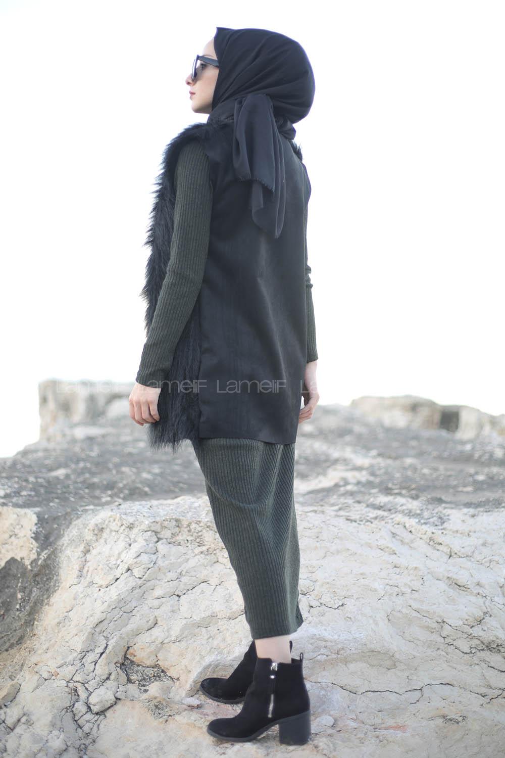 Modalamelif Haki Fitilli Triko Elbise