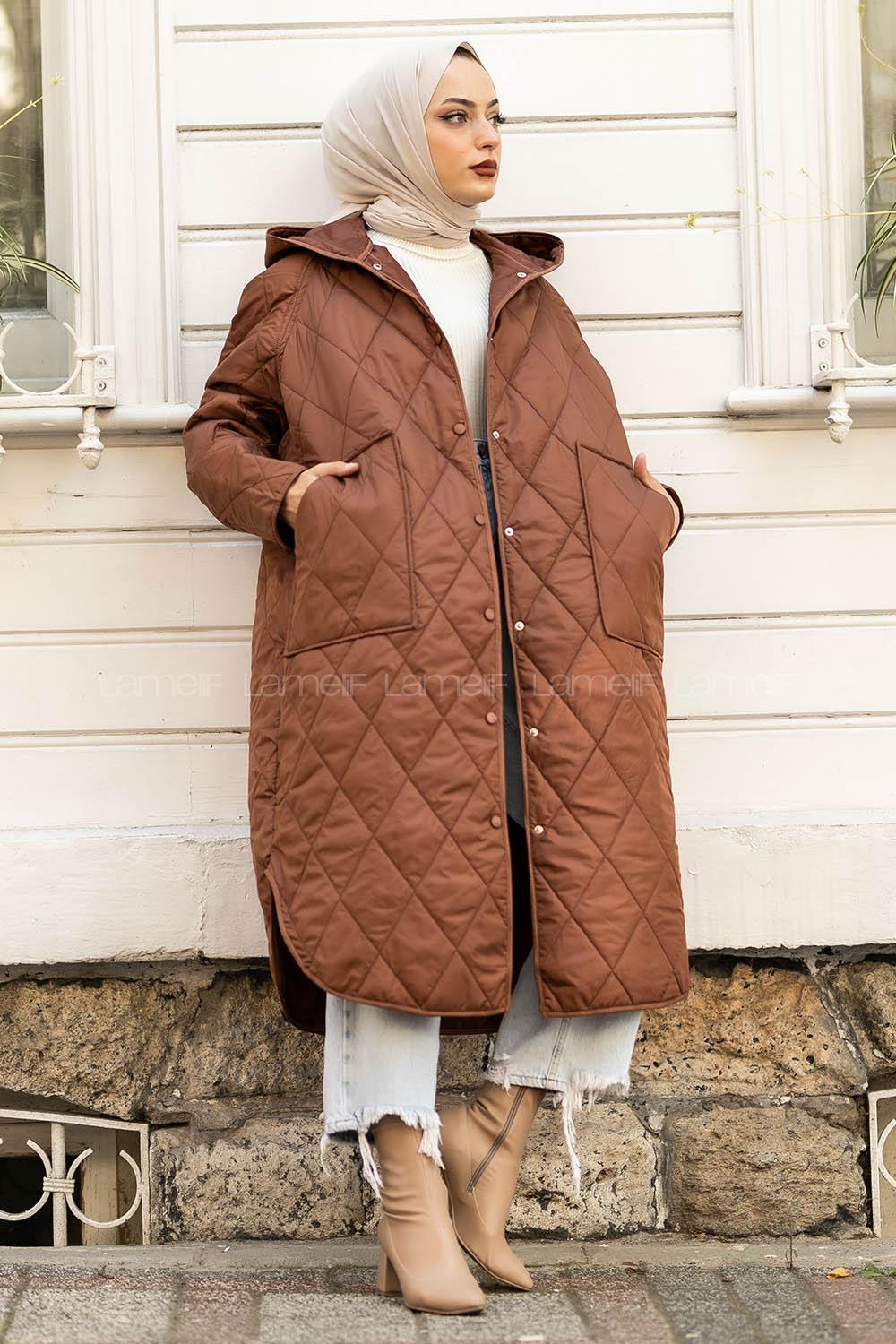 Modalamelif Kapitone Desenli Kapüşonlu Çift Cepli Mont Kahverengi