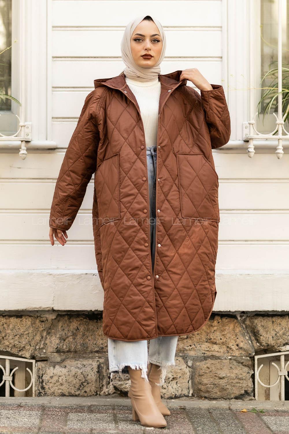 Modalamelif Kapitone Desenli Kapüşonlu Çift Cepli Mont Kahverengi