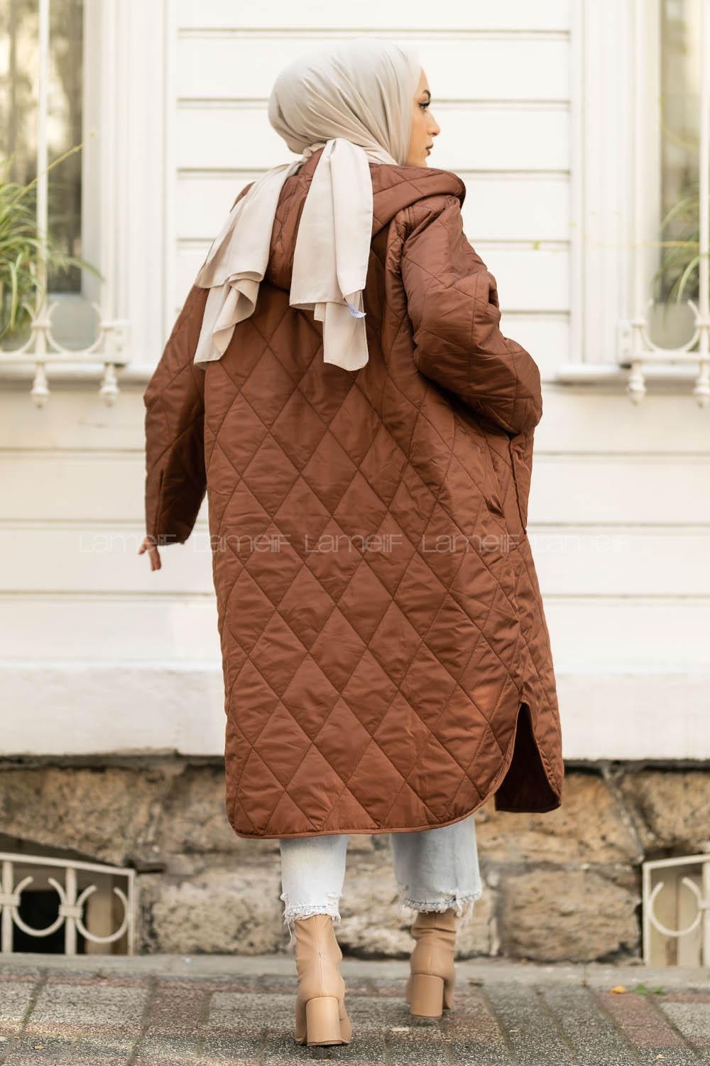 Modalamelif Kapitone Desenli Kapüşonlu Çift Cepli Mont Kahverengi