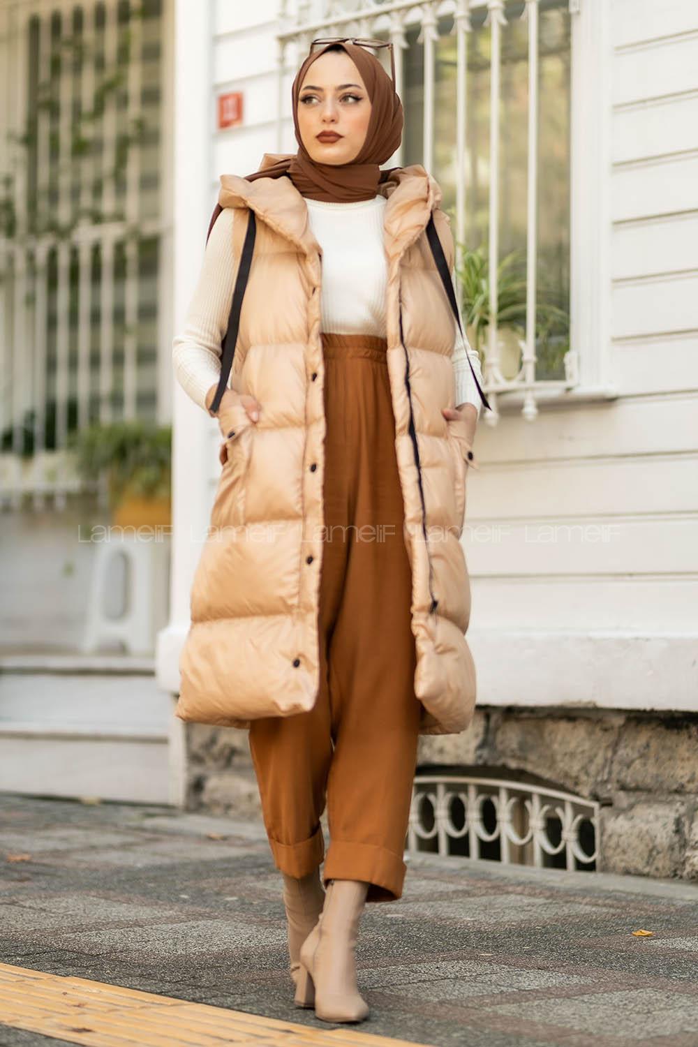 Modalamelif Kapüşonlu Çift Cepli Fermuarlı Şişme Mont Yelek Sütlü Kahve