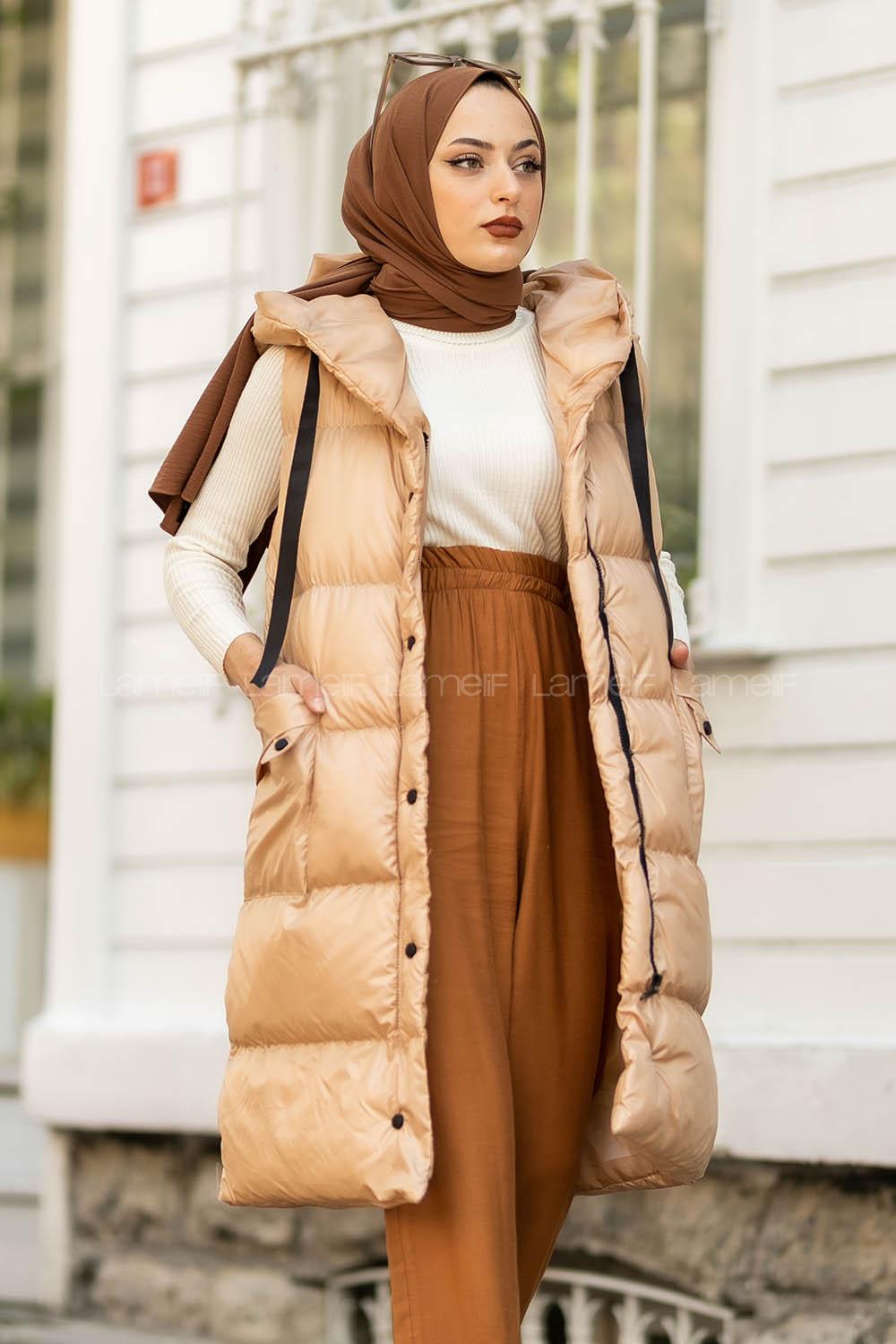 Modalamelif Kapüşonlu Çift Cepli Fermuarlı Şişme Mont Yelek Sütlü Kahve