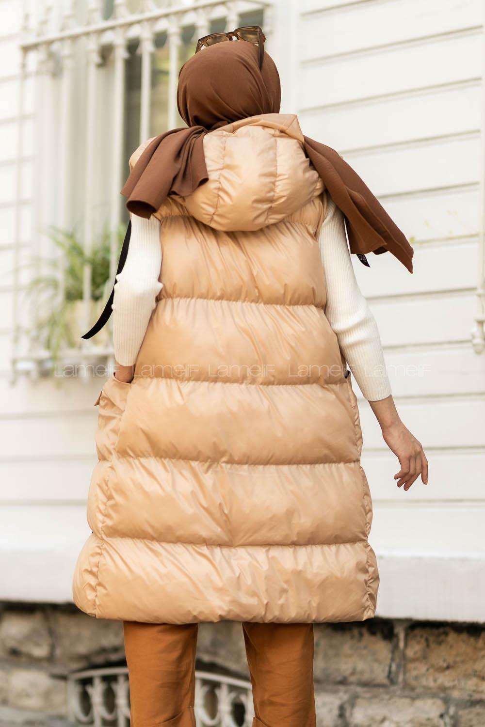 Modalamelif Kapüşonlu Çift Cepli Fermuarlı Şişme Mont Yelek Sütlü Kahve