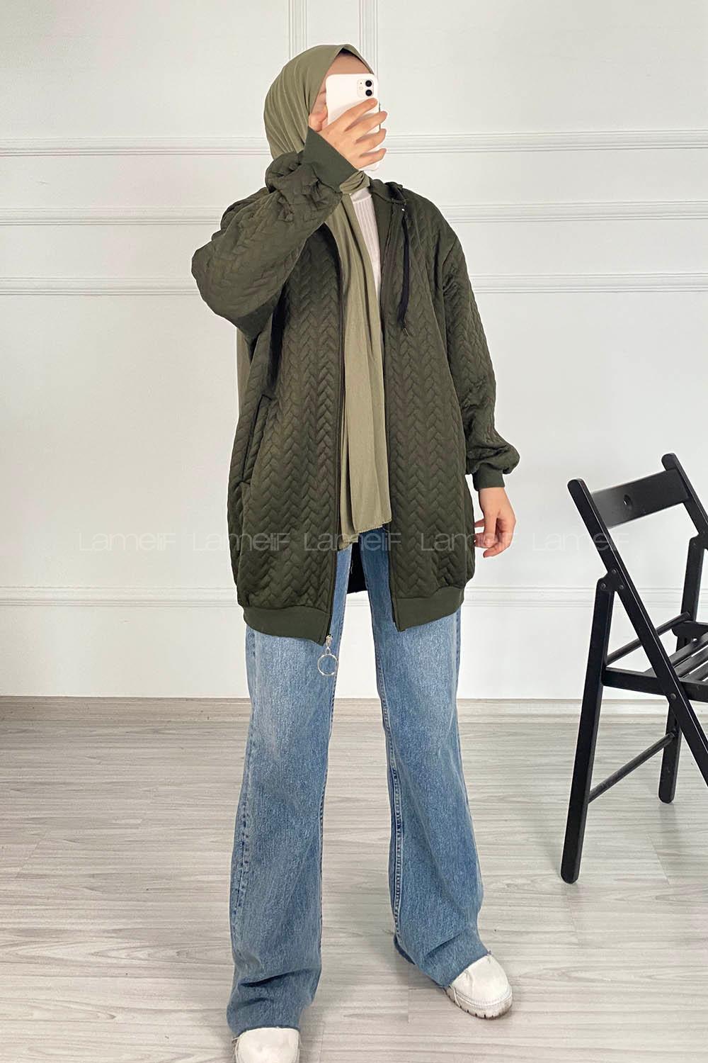 Modalamelif Saç Örgü Kapüşon Detaylı Çift Cepli Hırka Haki