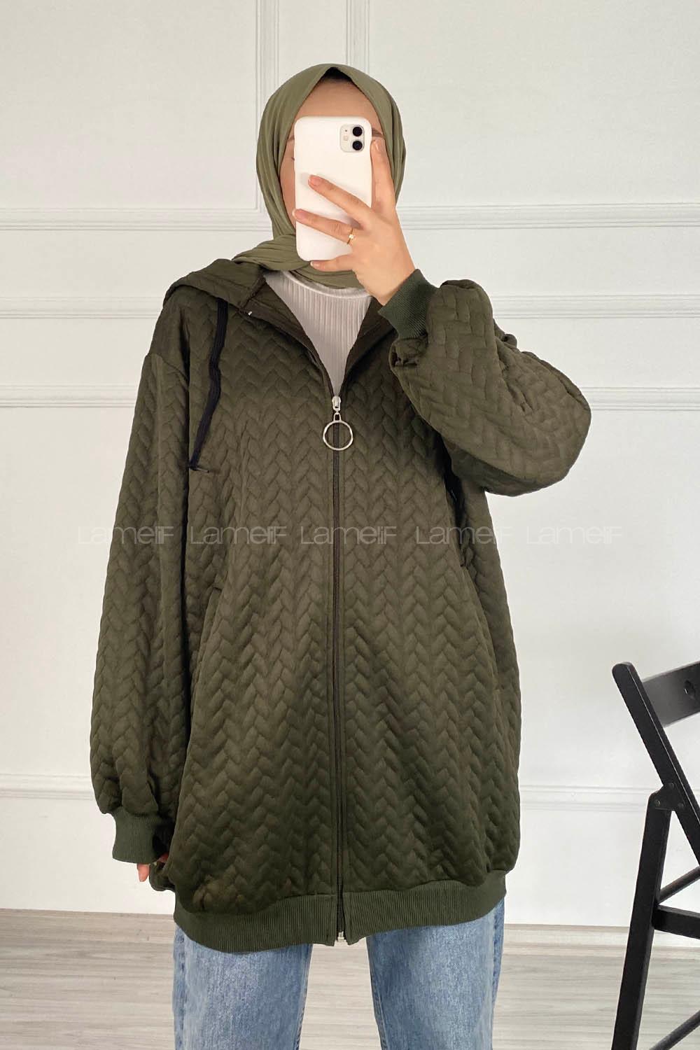 Modalamelif Saç Örgü Kapüşon Detaylı Çift Cepli Hırka Haki