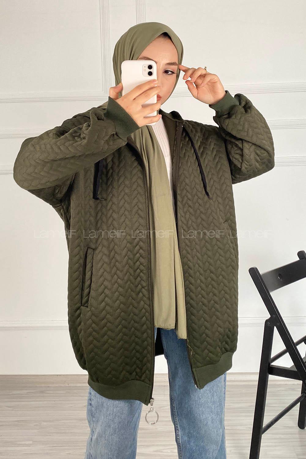 Modalamelif Saç Örgü Kapüşon Detaylı Çift Cepli Hırka Haki