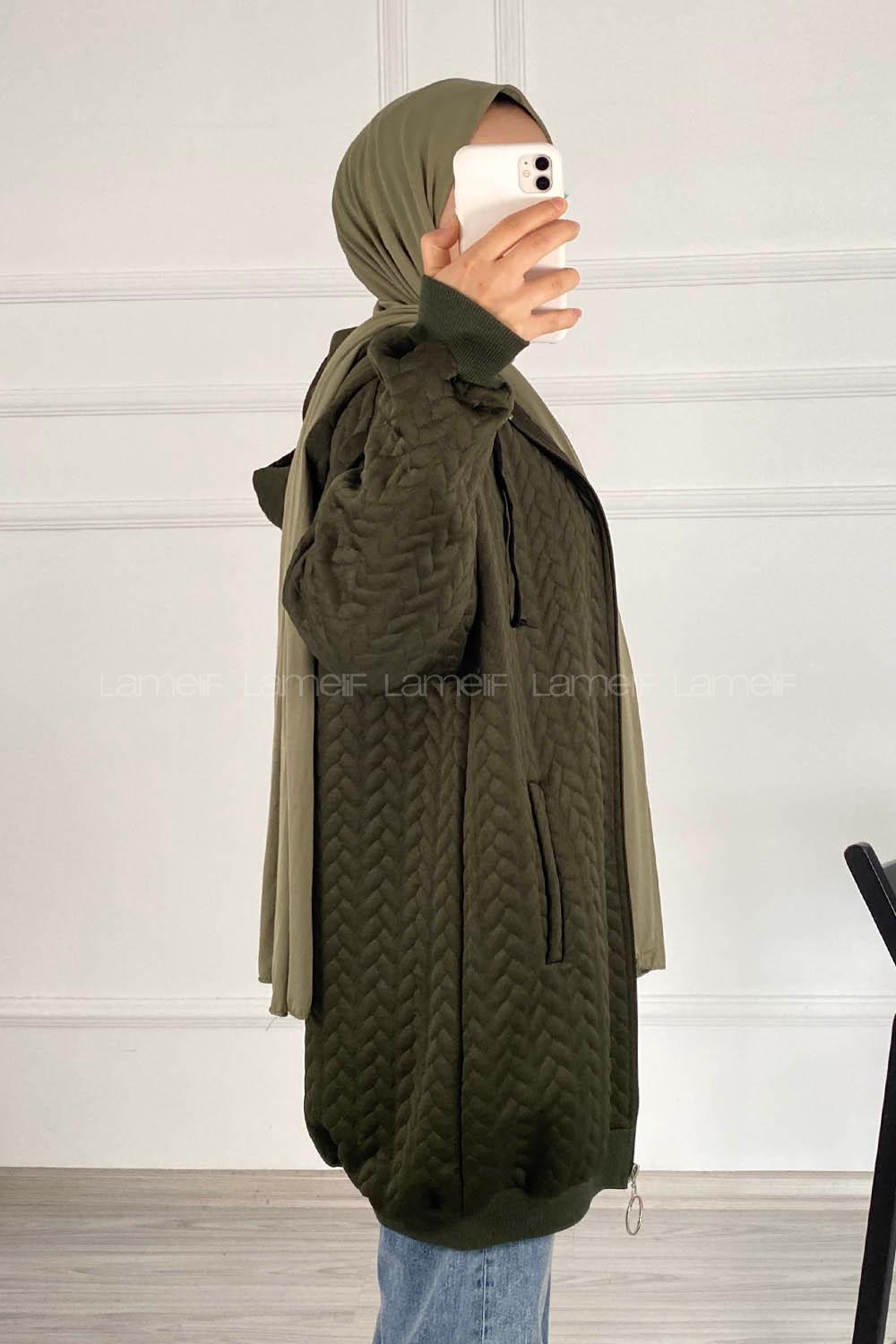 Modalamelif Saç Örgü Kapüşon Detaylı Çift Cepli Hırka Haki