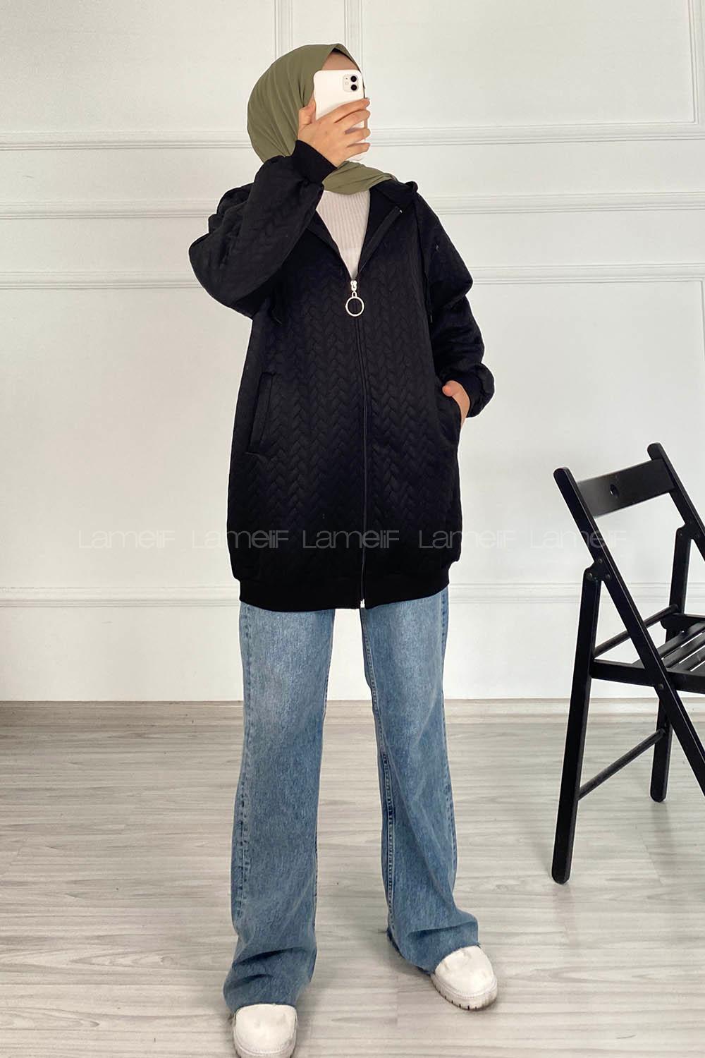 Modalamelif Saç Örgü Kapüşon Detaylı Çift Cepli Hırka Siyah