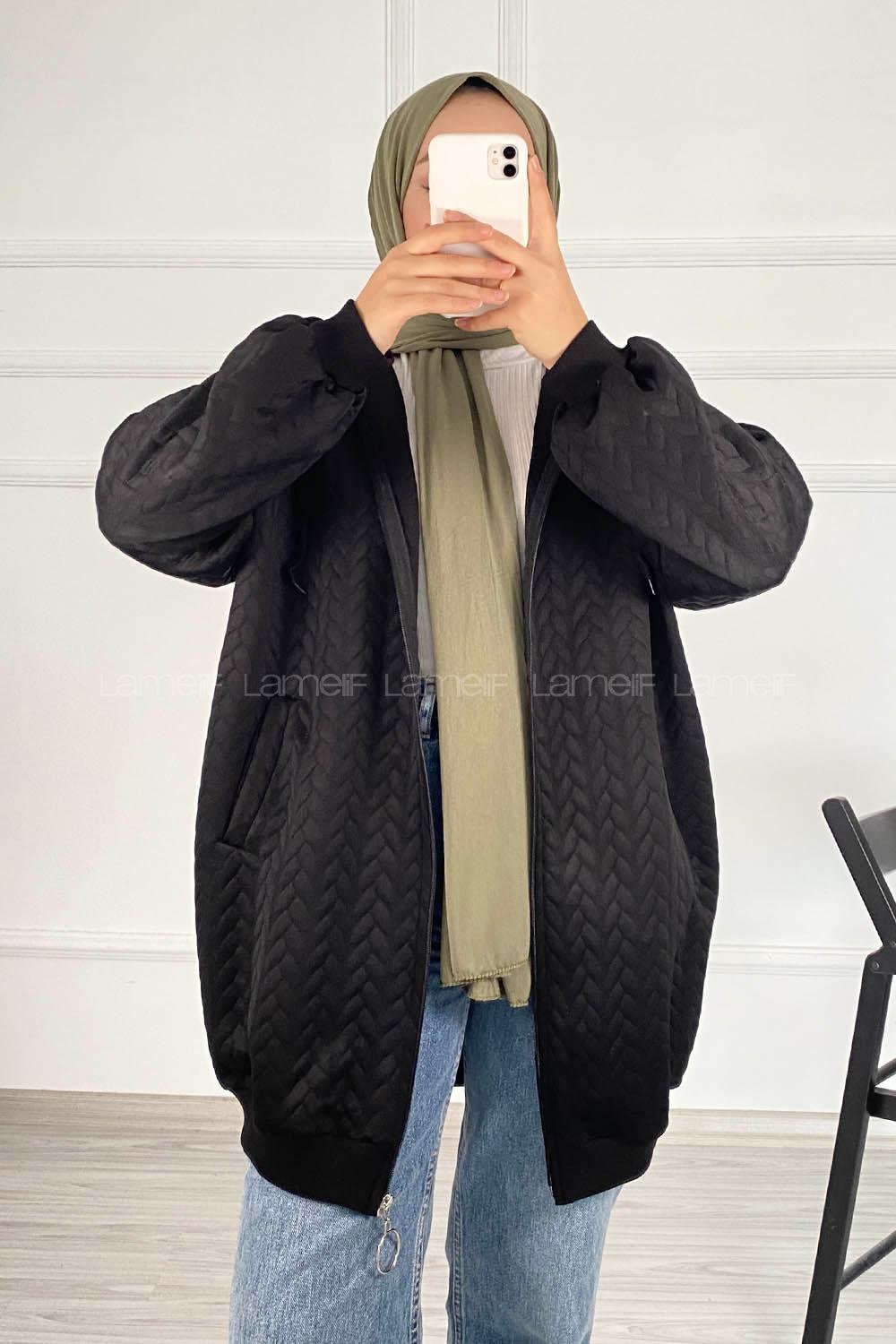 Modalamelif Saç Örgü Kapüşon Detaylı Çift Cepli Hırka Siyah