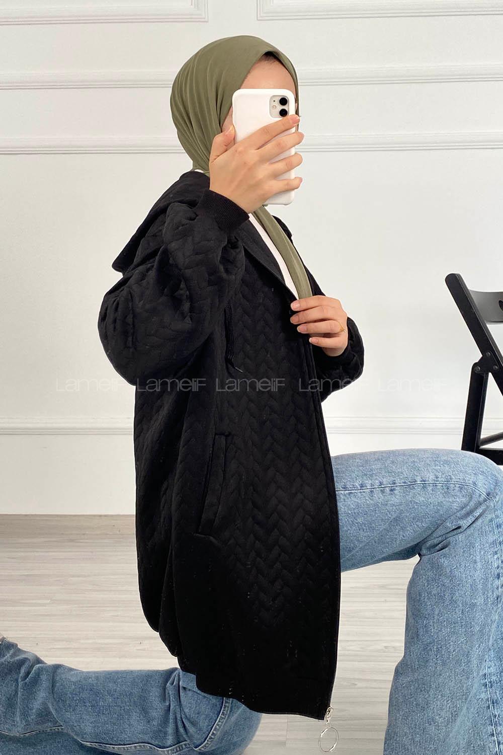 Modalamelif Saç Örgü Kapüşon Detaylı Çift Cepli Hırka Siyah