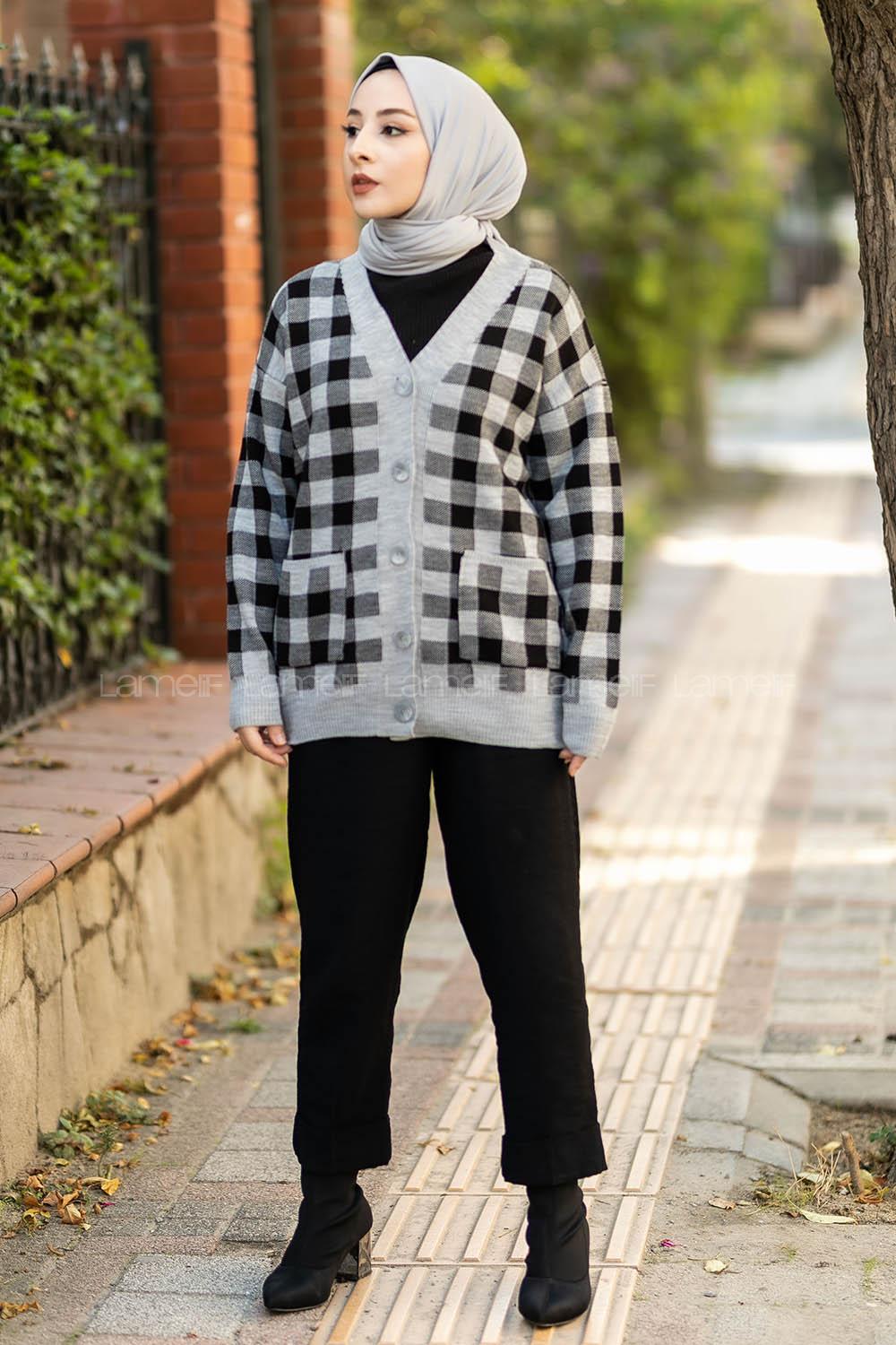 Modalamelif V Yaka Önü Düğmeli Ekose Desenli Çift Cepli Hırka Gri-Siyah
