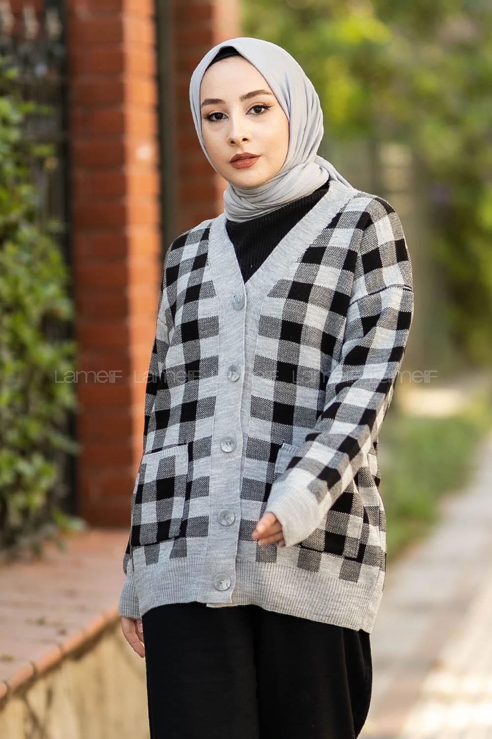 Modalamelif V Yaka Önü Düğmeli Ekose Desenli Çift Cepli Hırka Gri-Siyah
