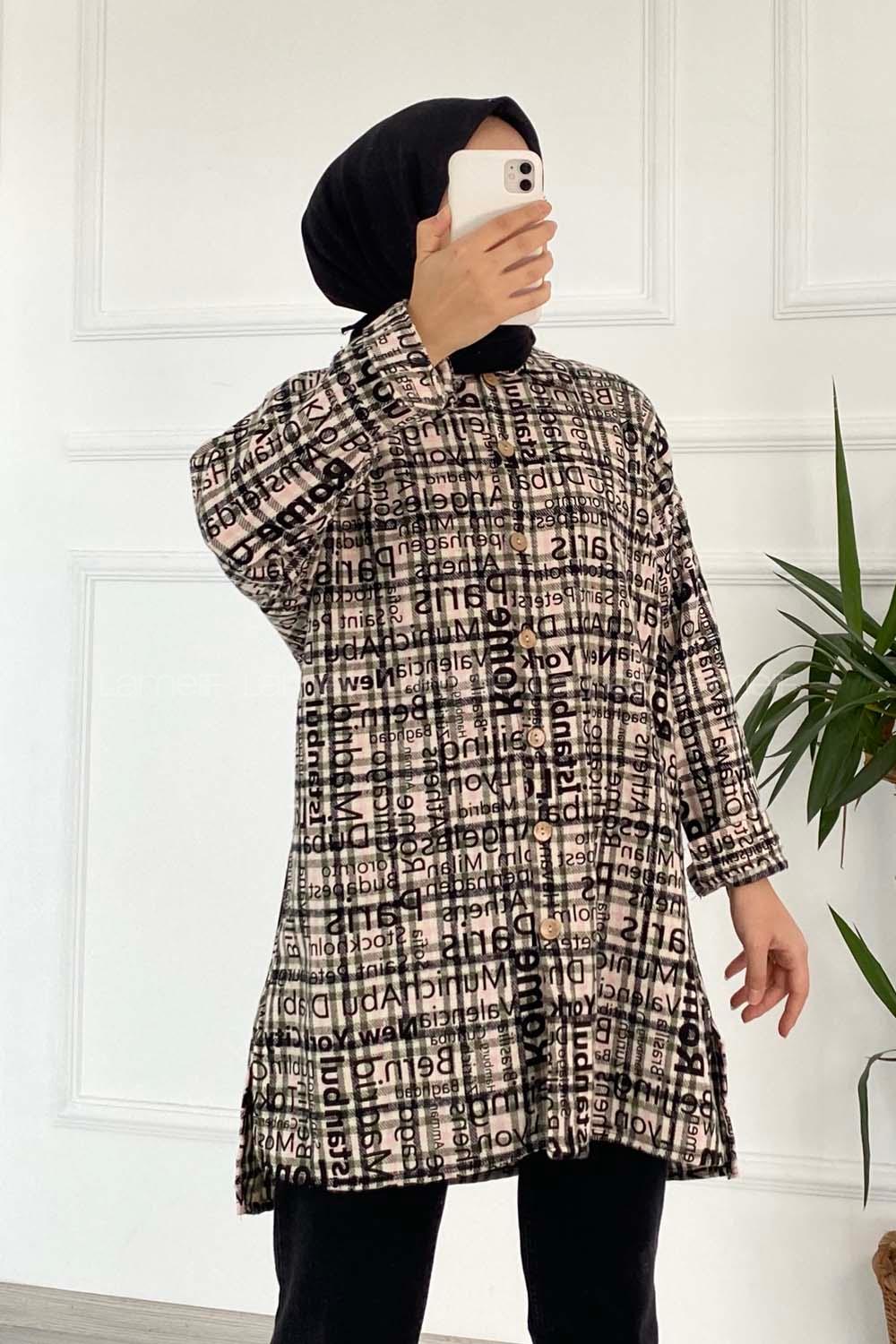 Modalamelif Yazı Baskılı Kare Desenli Gömlek Tunik Pudra