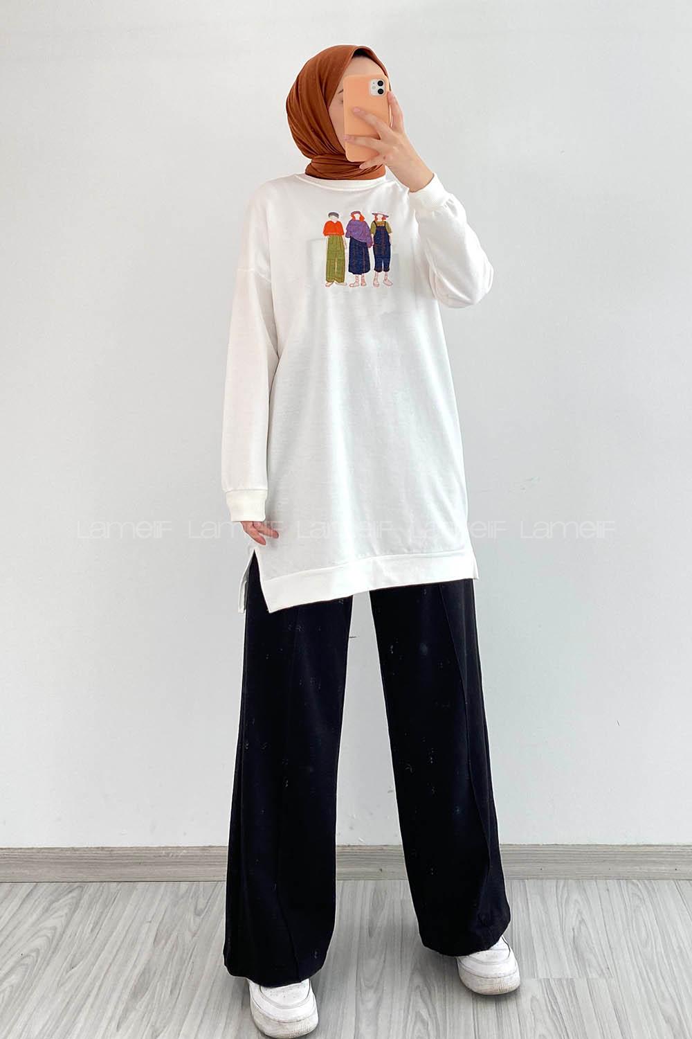 Modalamelif Bisiklet Yaka Nakış İşlemeli Yırtmaçlı Sweatshirt Beyaz