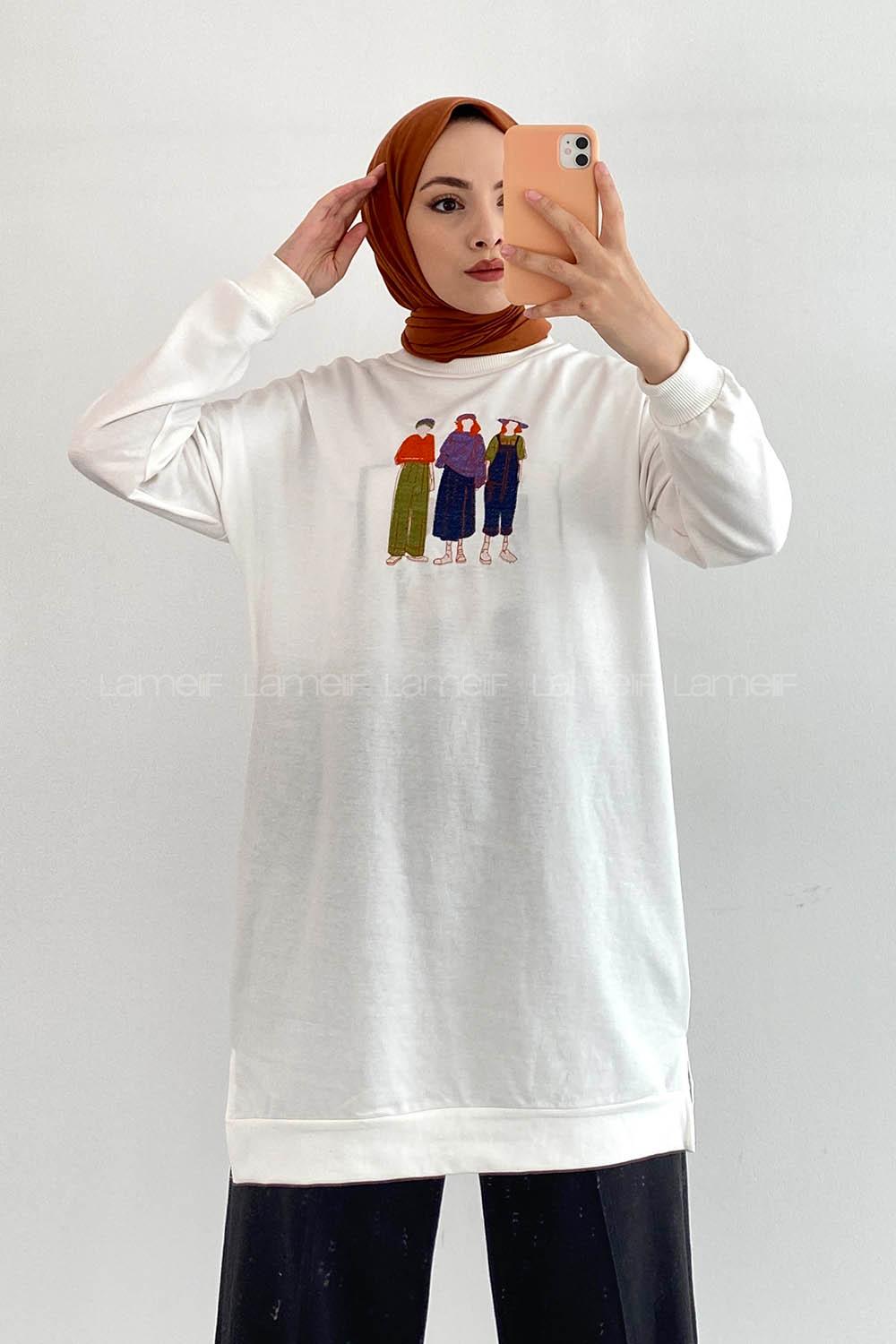 Modalamelif Bisiklet Yaka Nakış İşlemeli Yırtmaçlı Sweatshirt Beyaz