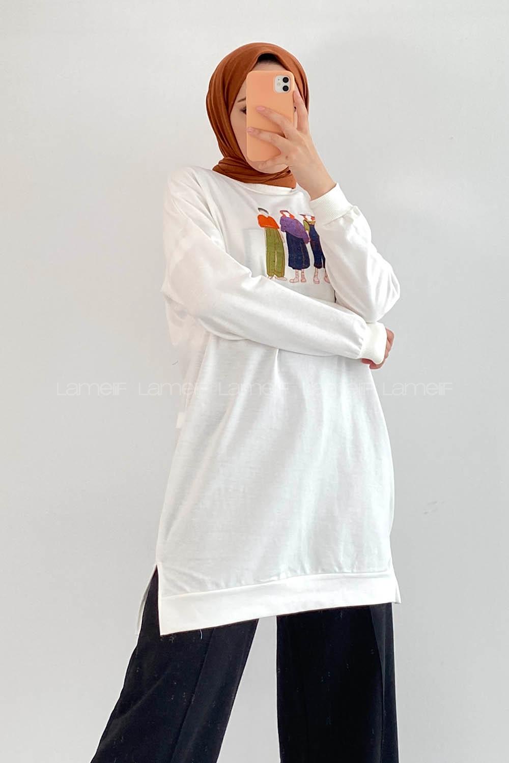 Modalamelif Bisiklet Yaka Nakış İşlemeli Yırtmaçlı Sweatshirt Beyaz