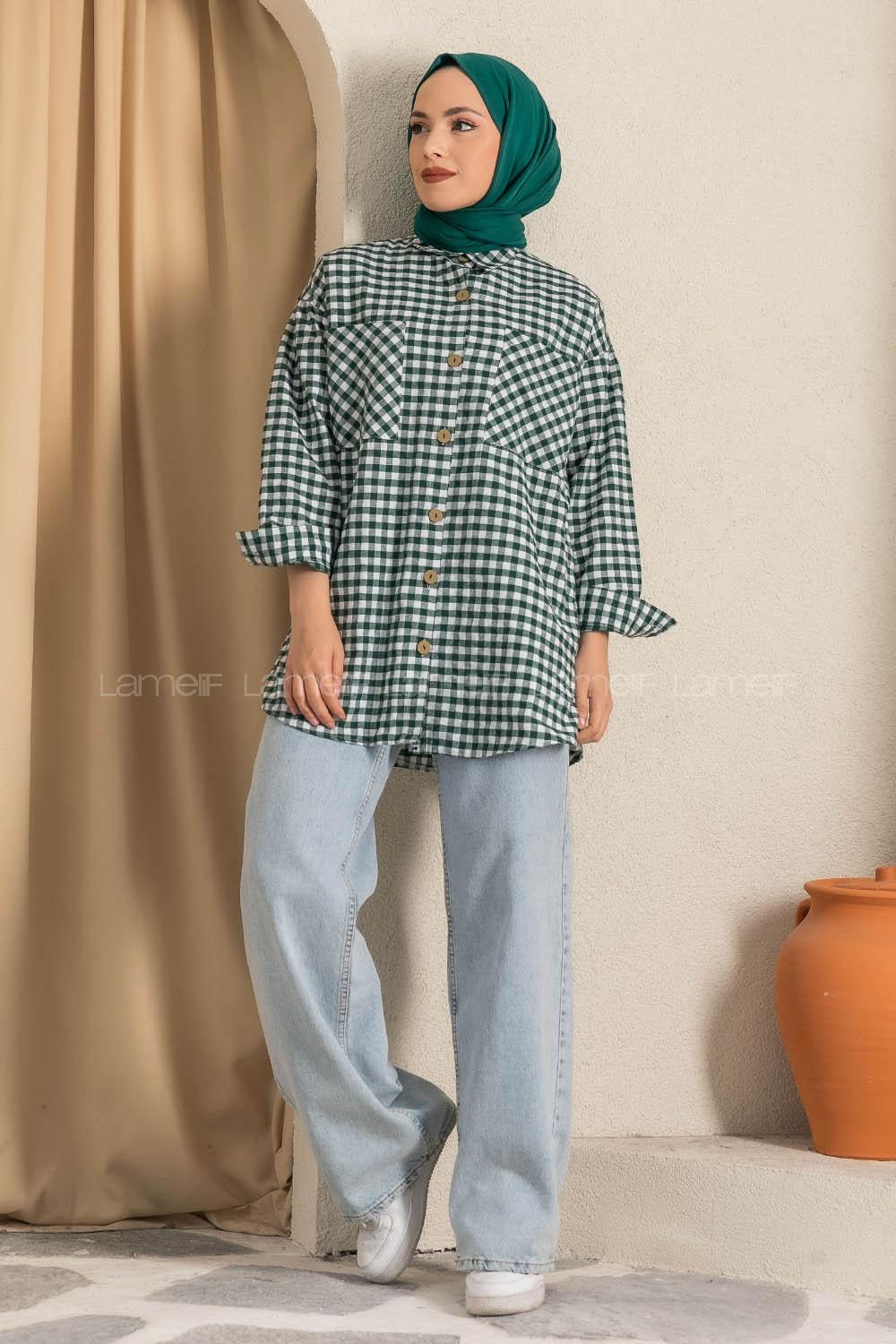 Modalamelif Ekose Desenli Yırtmaç Detaylı Çift Cepli Gömlek Beyaz-Haki