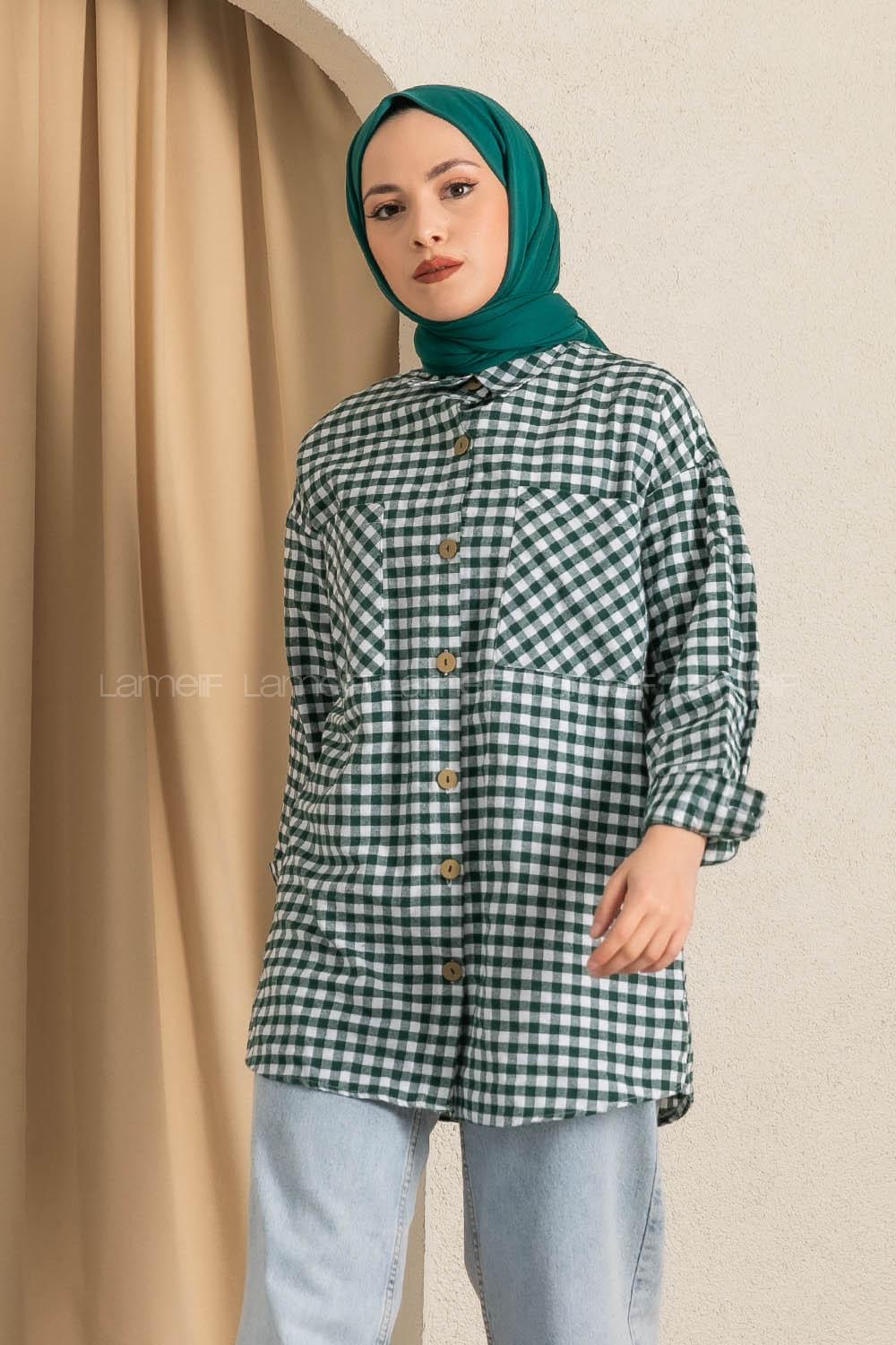 Modalamelif Ekose Desenli Yırtmaç Detaylı Çift Cepli Gömlek Beyaz-Haki