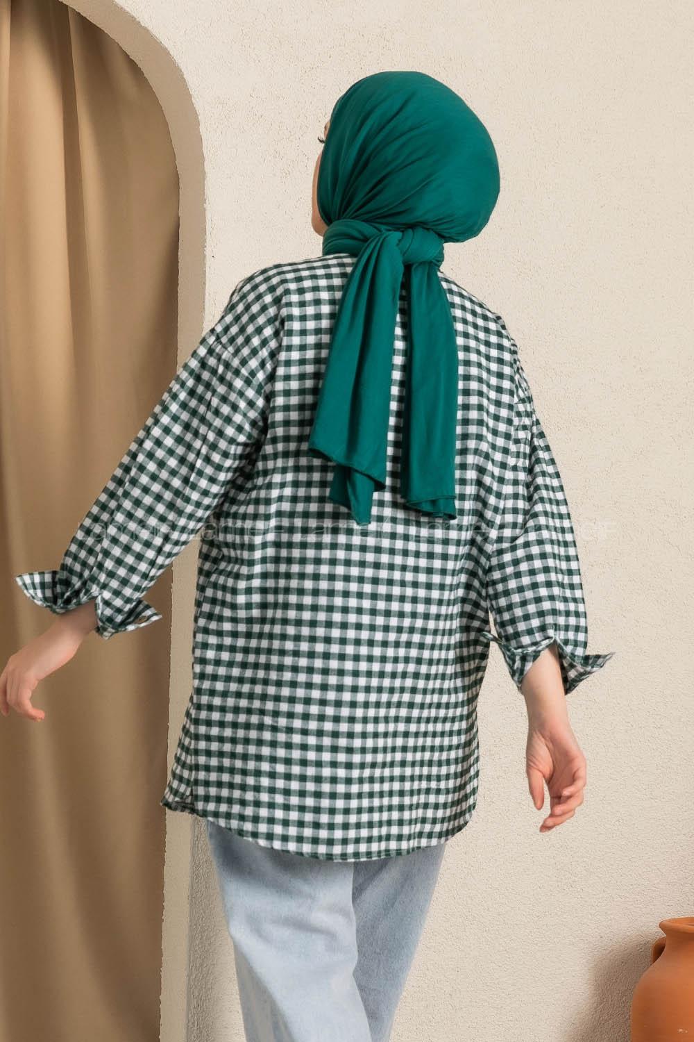 Modalamelif Ekose Desenli Yırtmaç Detaylı Çift Cepli Gömlek Beyaz-Haki